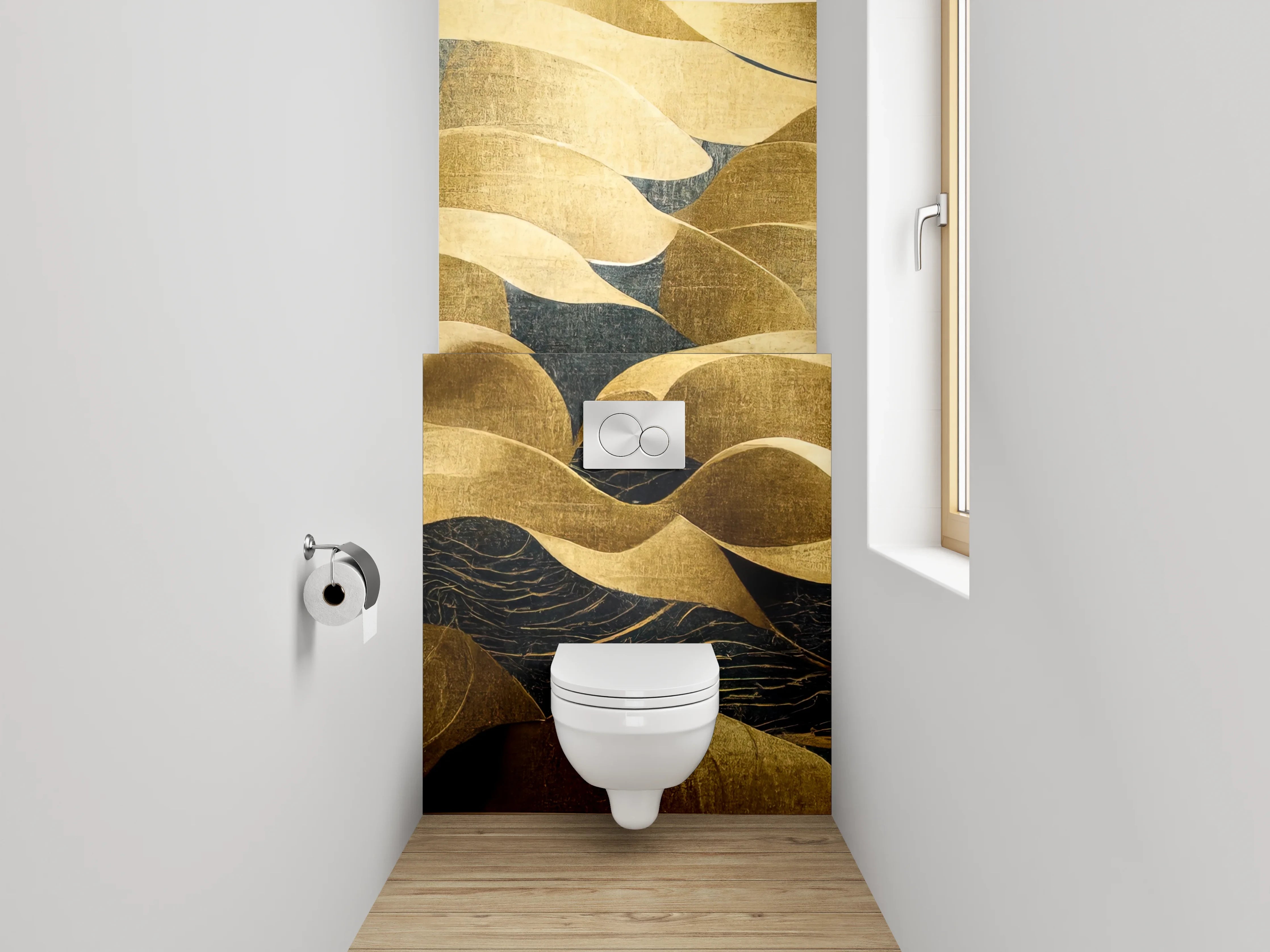 WC-Rückwand - Abstrakte gold-blaue Wellenkunst Dekor