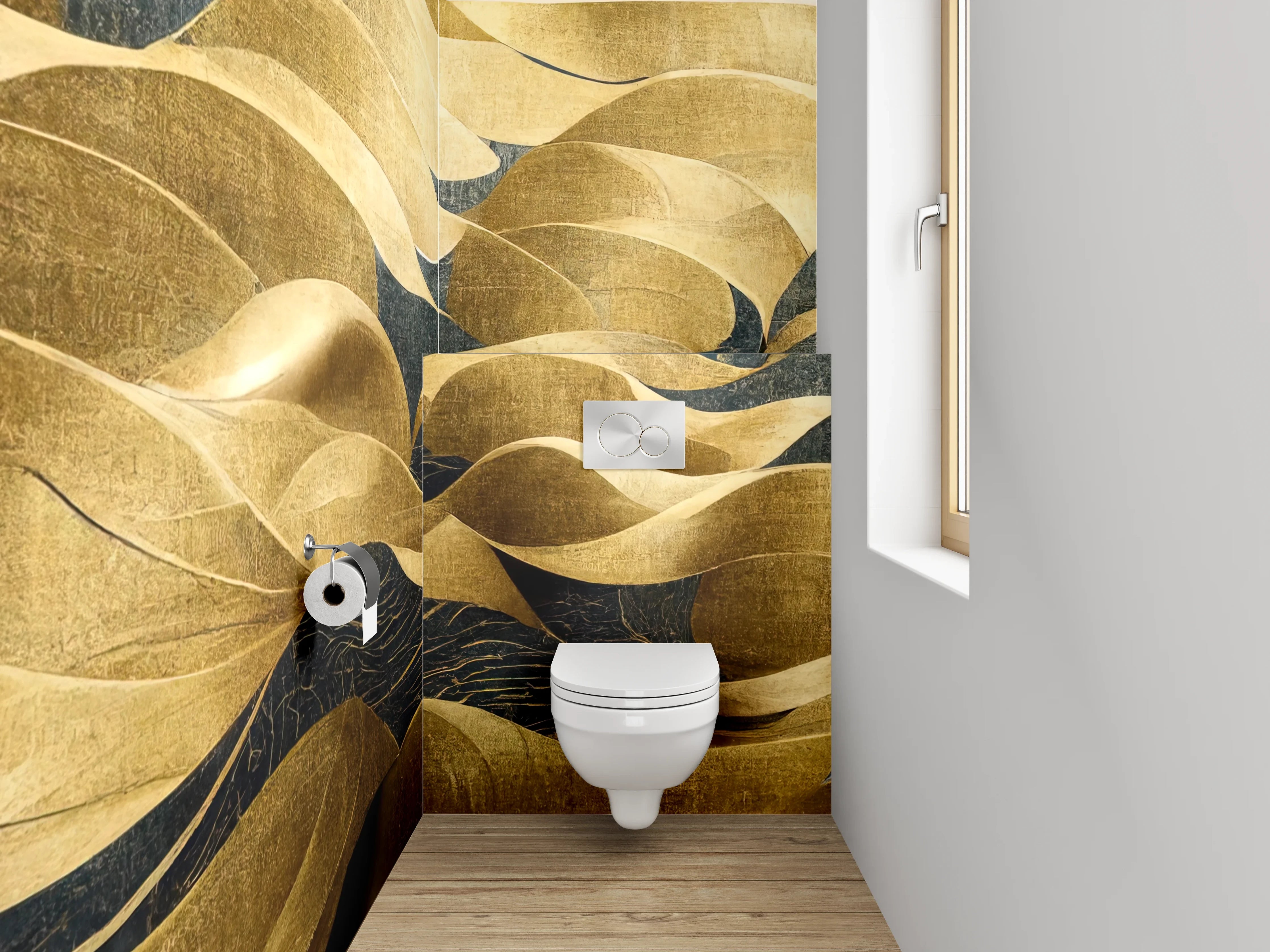 WC-Rückwand - Abstrakte gold-blaue Wellenkunst Dekor