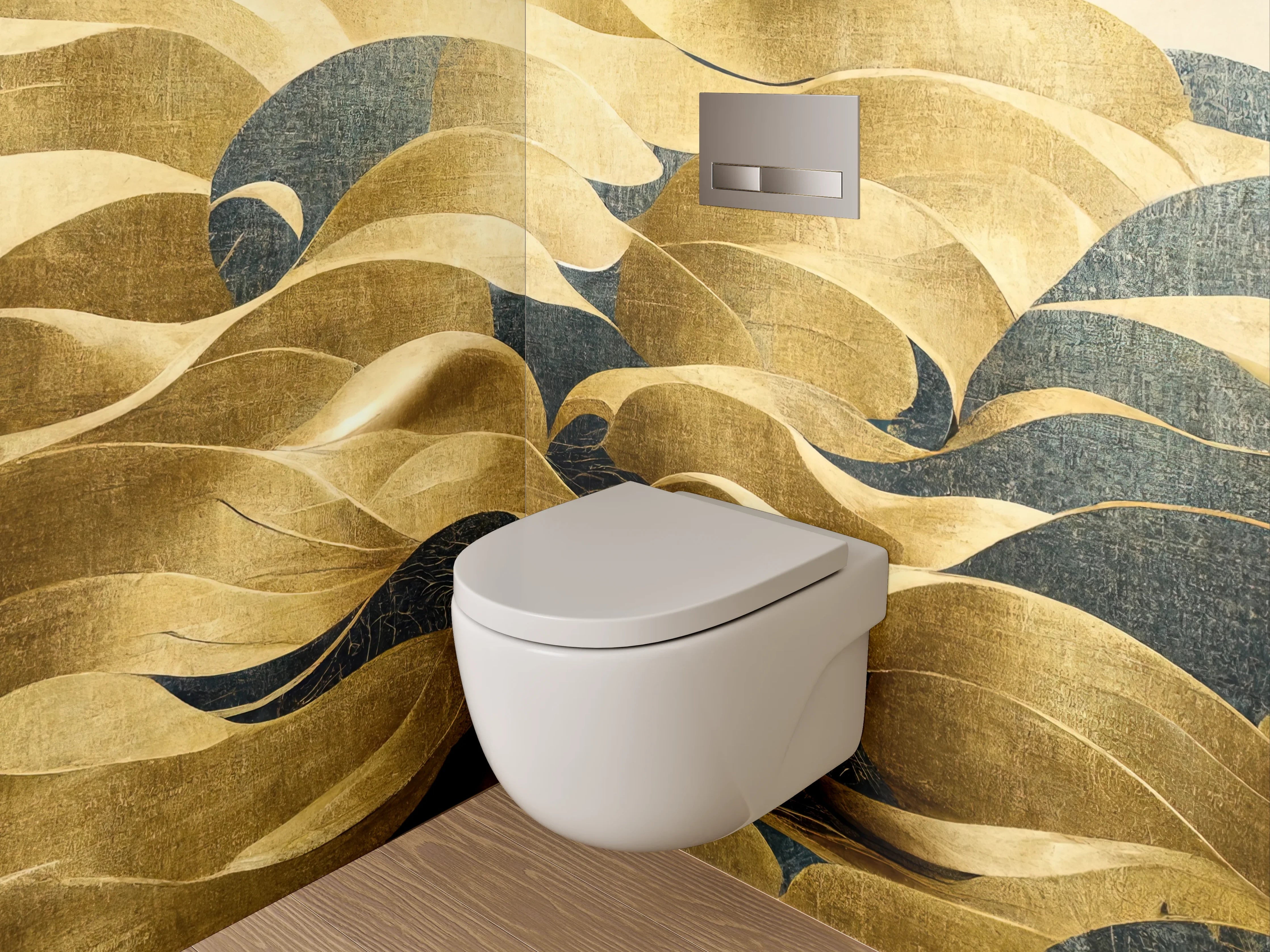 WC-Rückwand - Abstrakte gold-blaue Wellenkunst Dekor