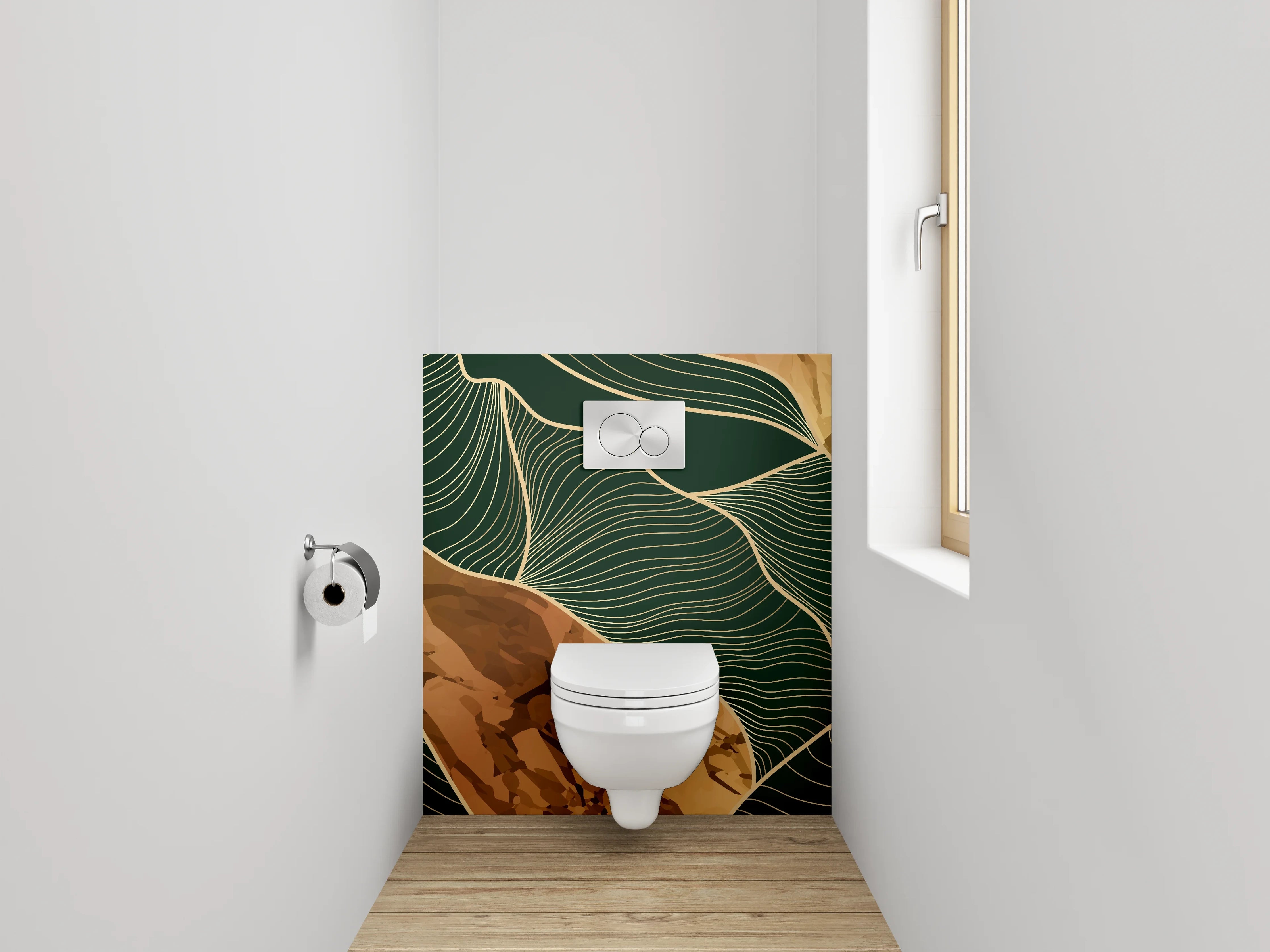WC-Rückwand - Abstrakte goldene Linien auf Dunkelgrün