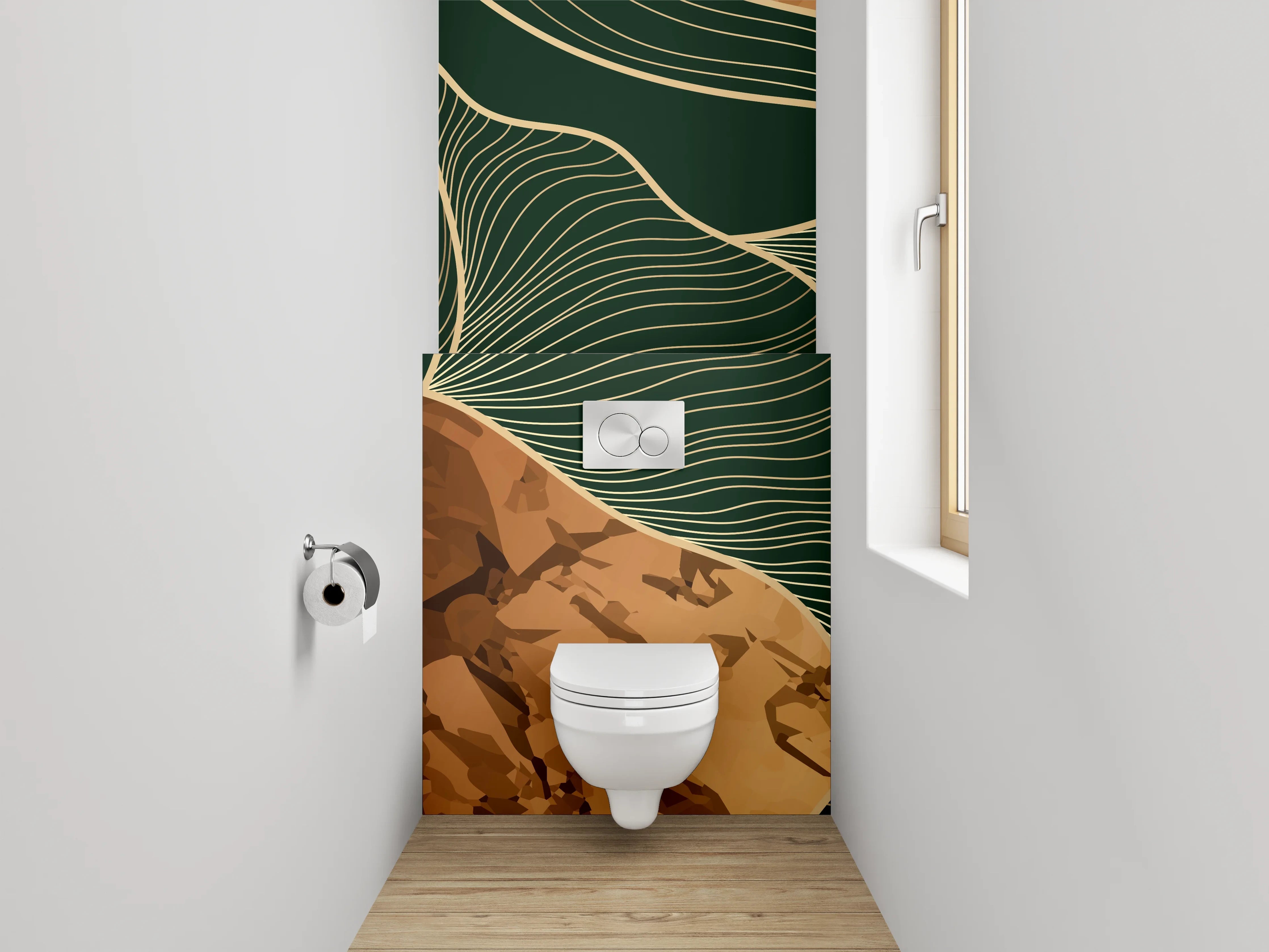 WC-Rückwand - Abstrakte goldene Linien auf Dunkelgrün