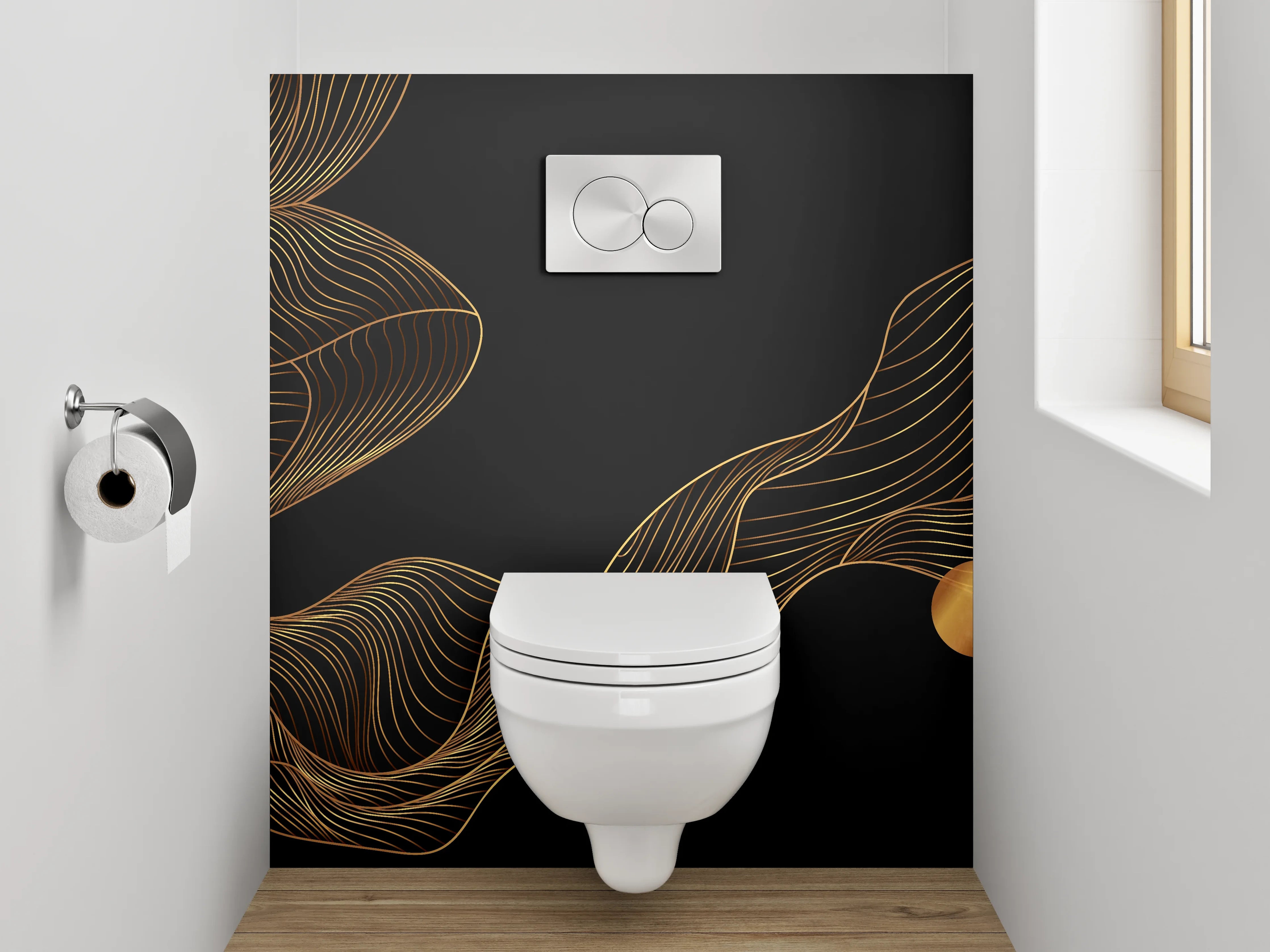 WC-Rückwand - Abstrakte goldene Linien auf Schwarz