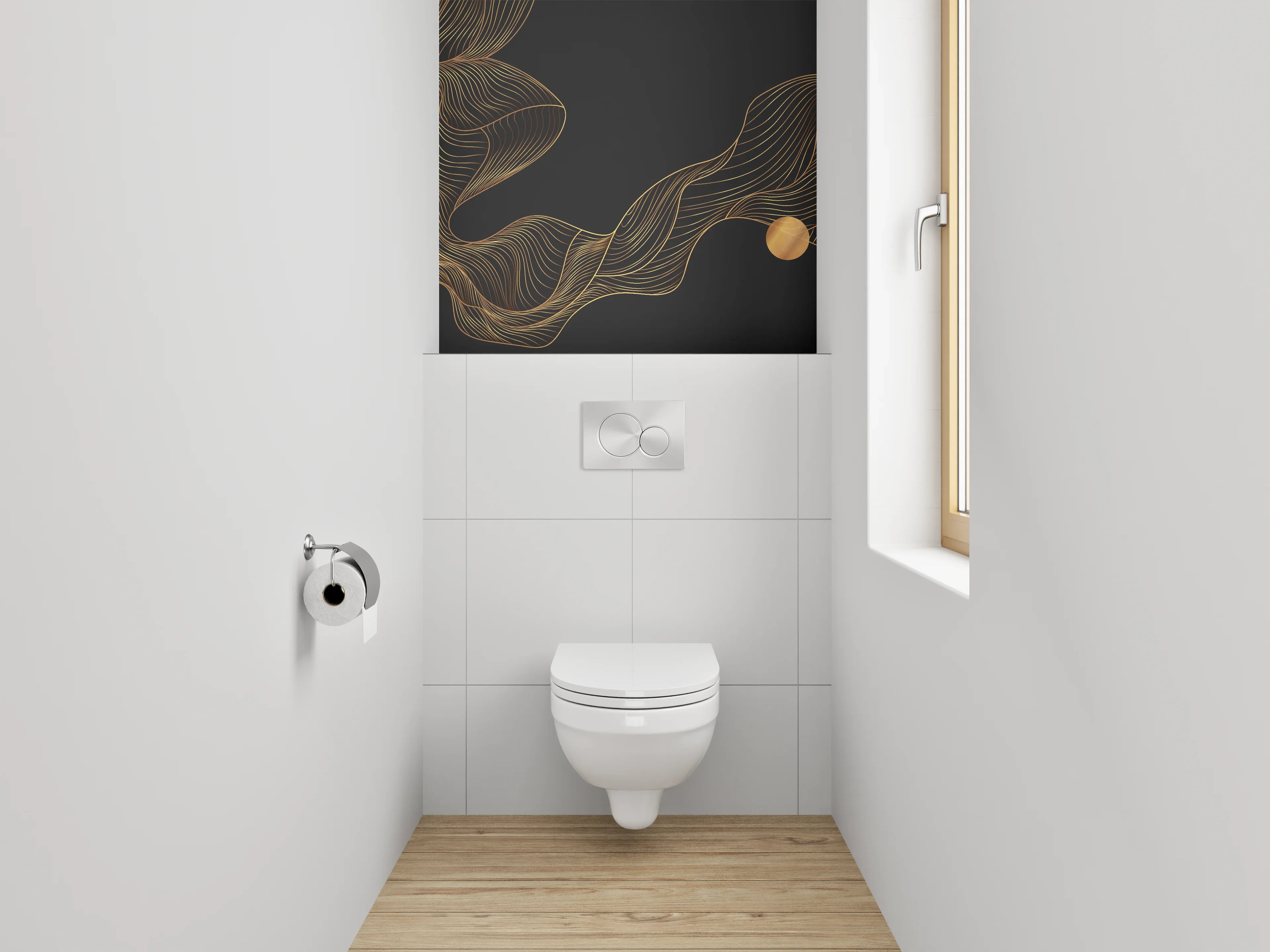 WC-Rückwand - Abstrakte goldene Linien auf Schwarz