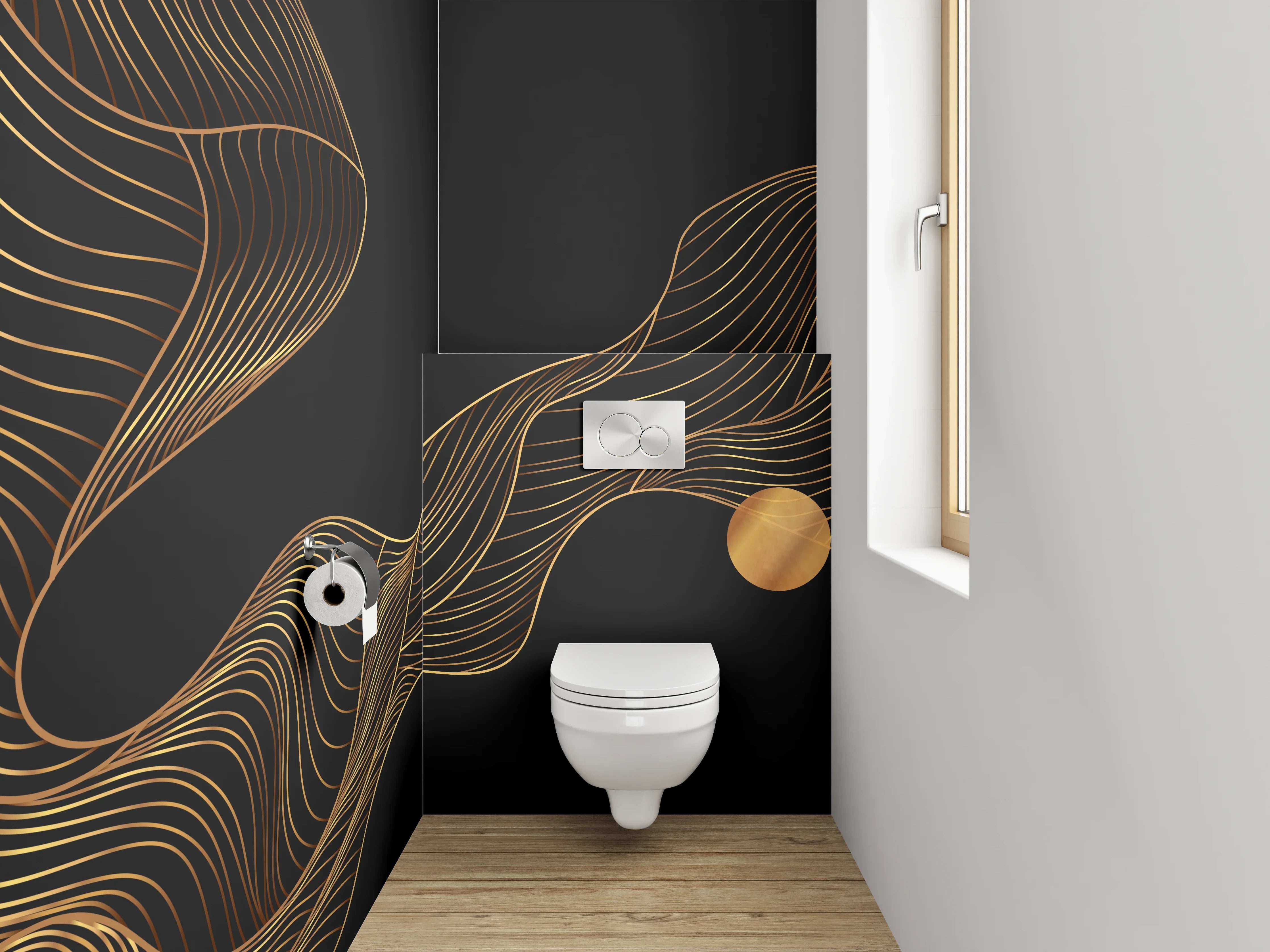 WC-Rückwand - Abstrakte goldene Linien auf Schwarz