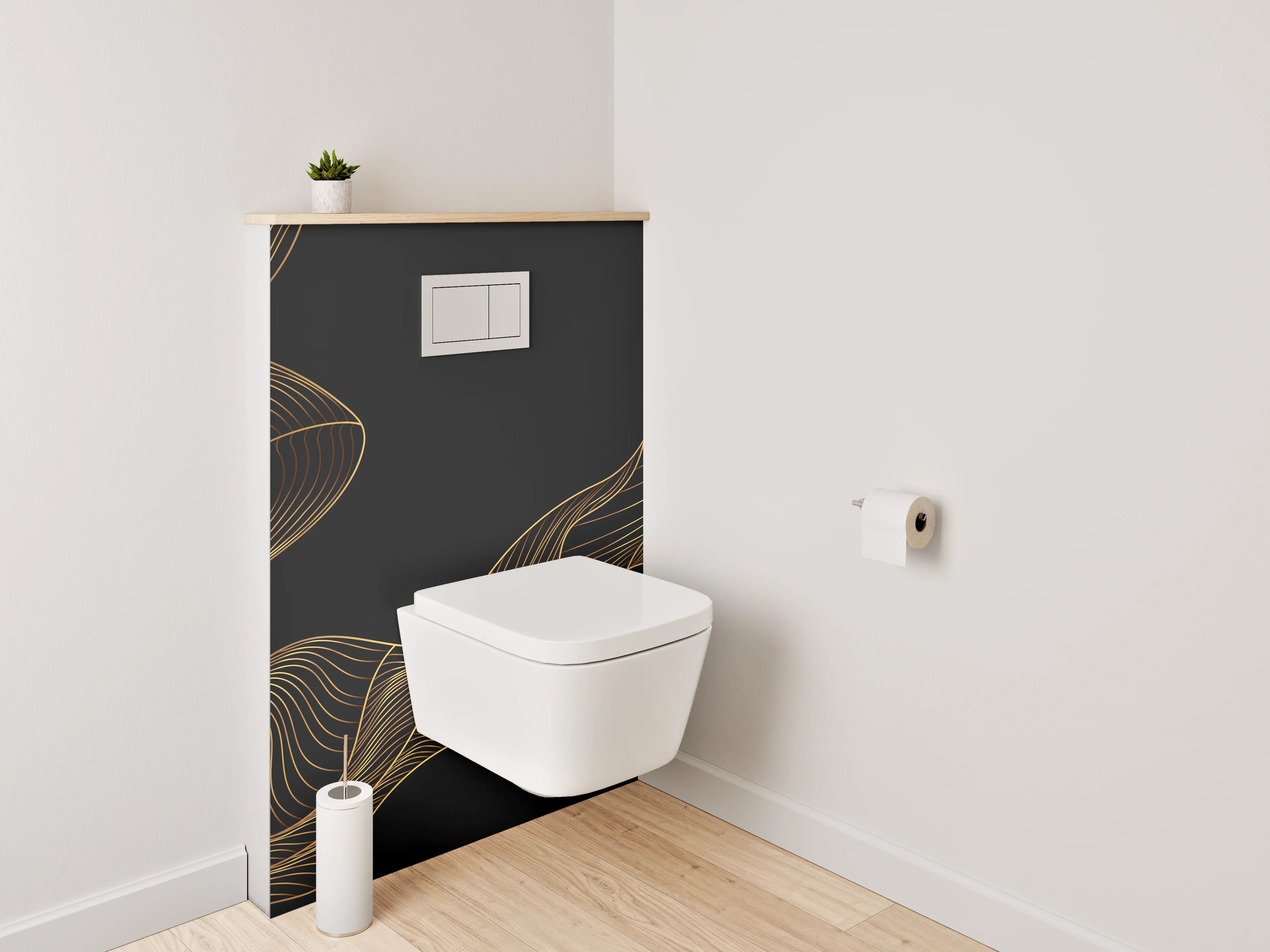 WC-Rückwand - Abstrakte goldene Linien auf Schwarz