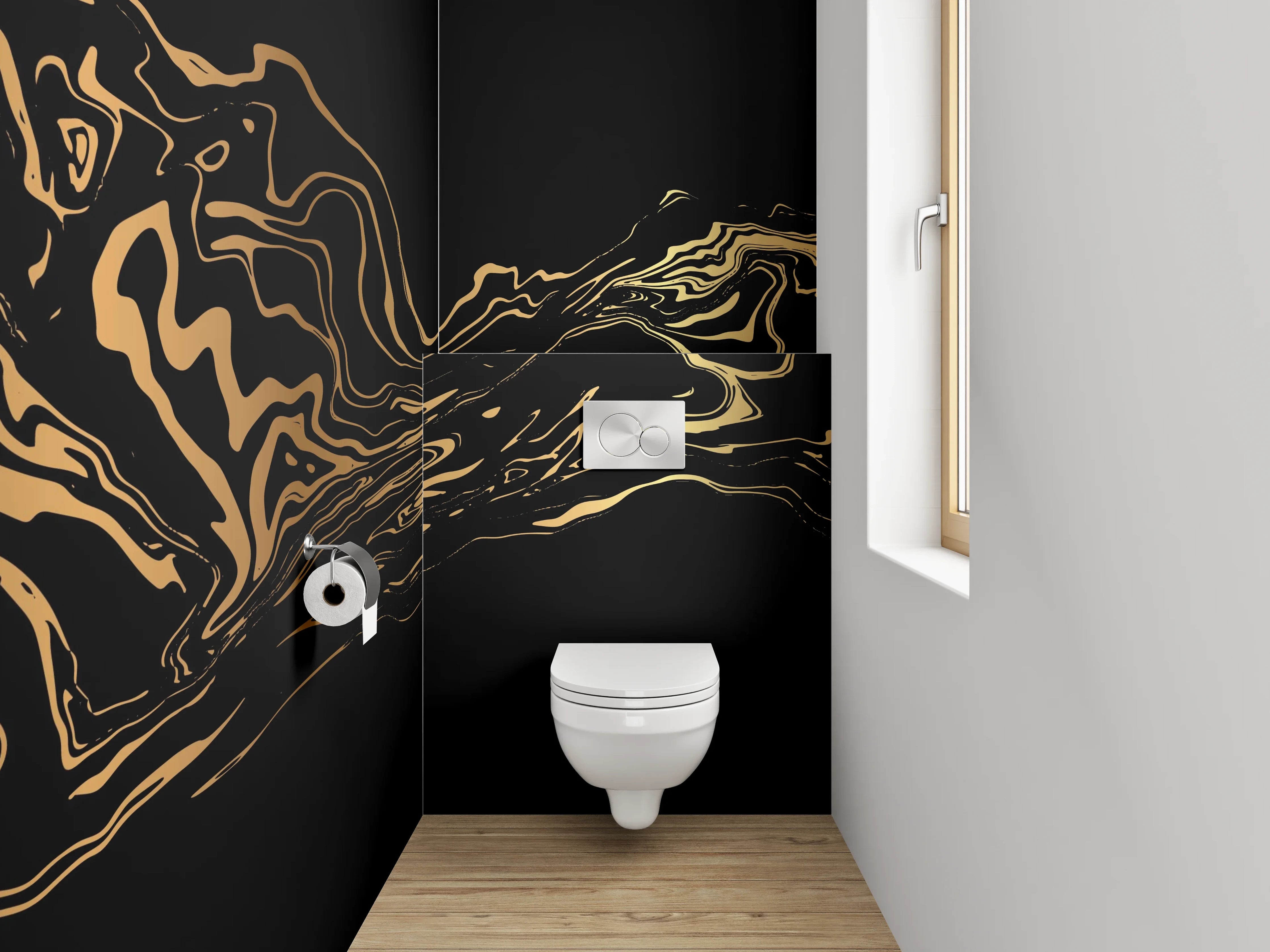 WC-Rückwand - Abstrakte goldene Wellen auf Schwarz