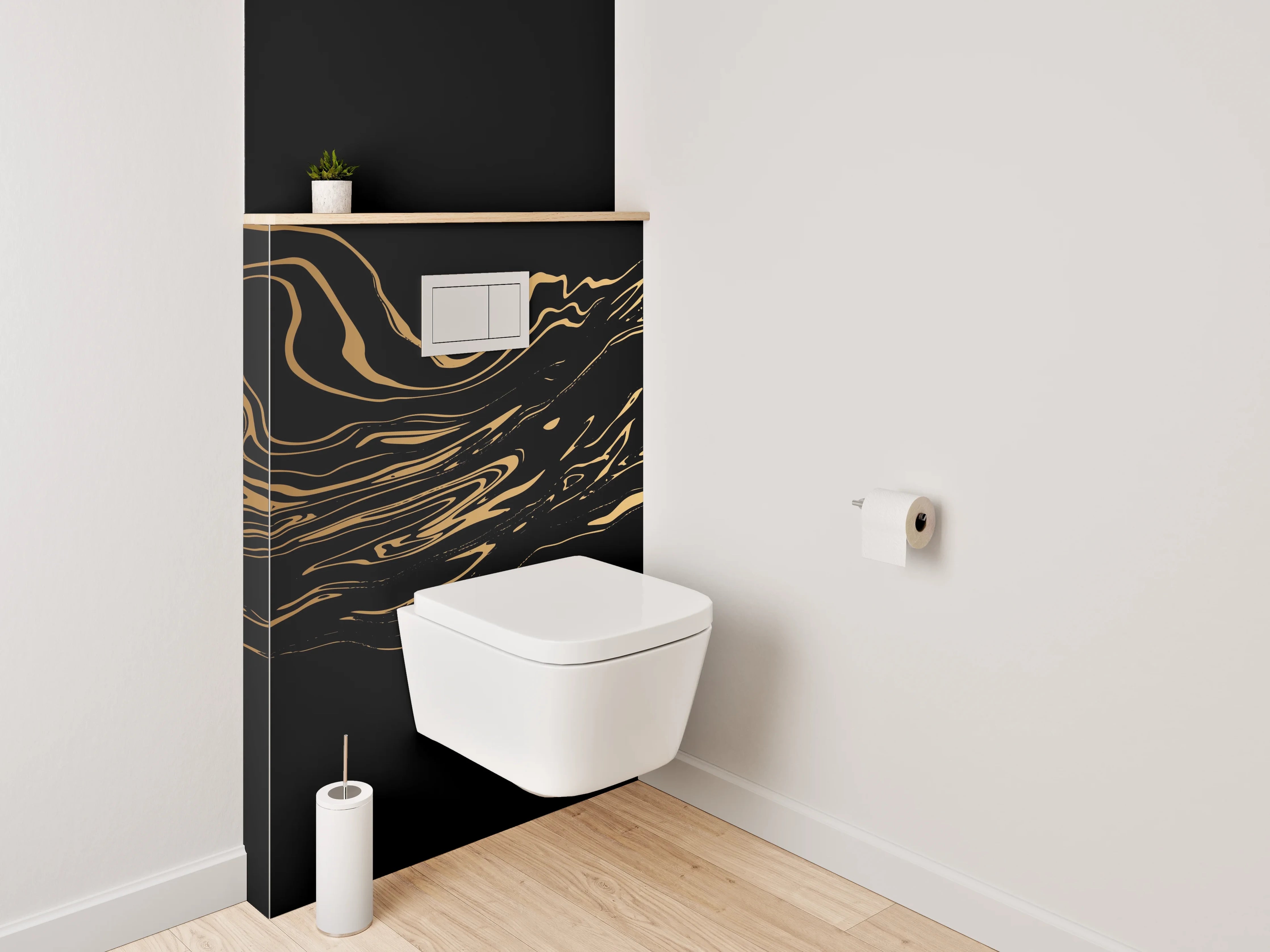 WC-Rückwand - Abstrakte goldene Wellen auf Schwarz