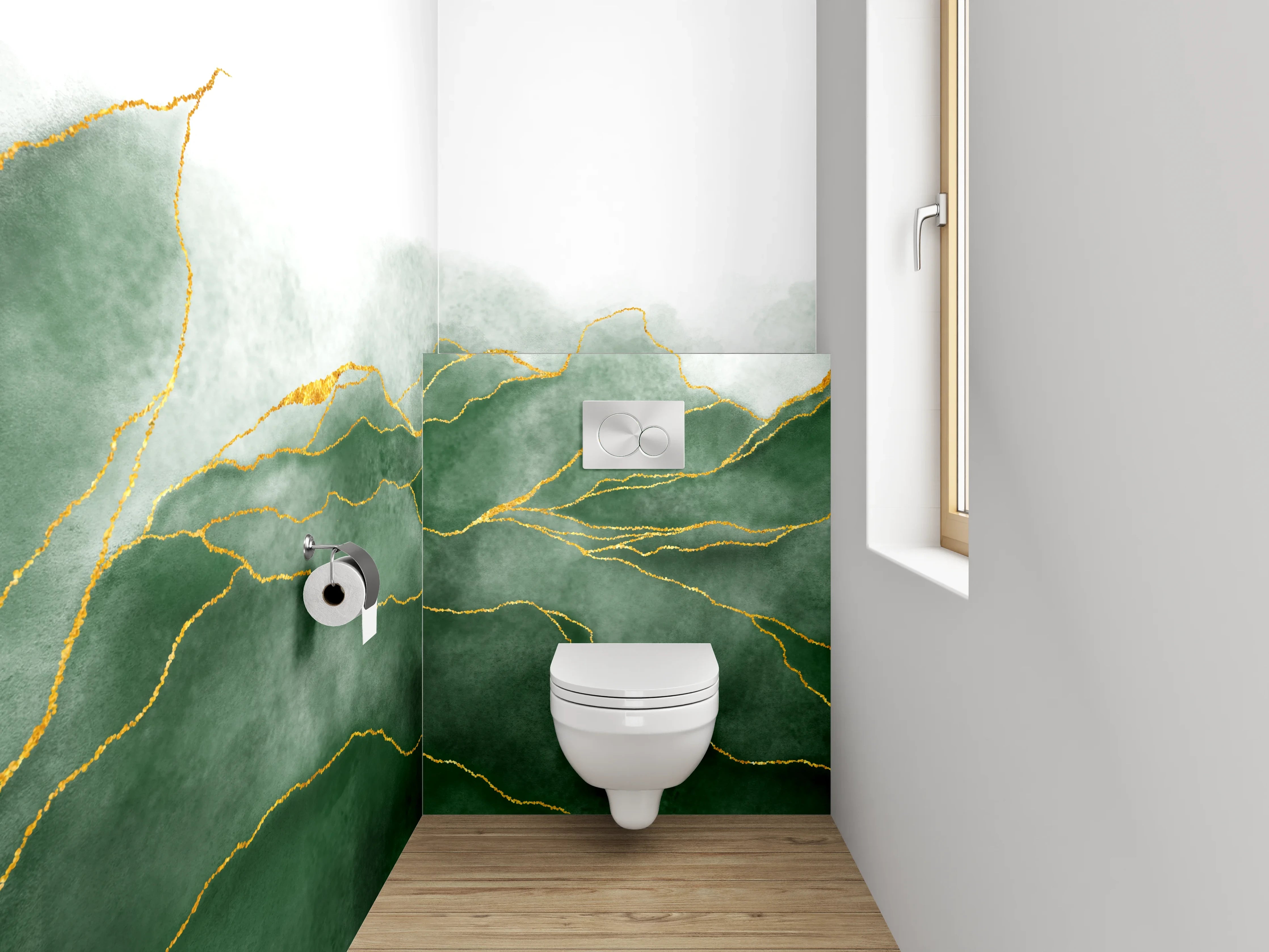 WC-Rückwand - Abstrakte grüne Blätter mit Goldlinien