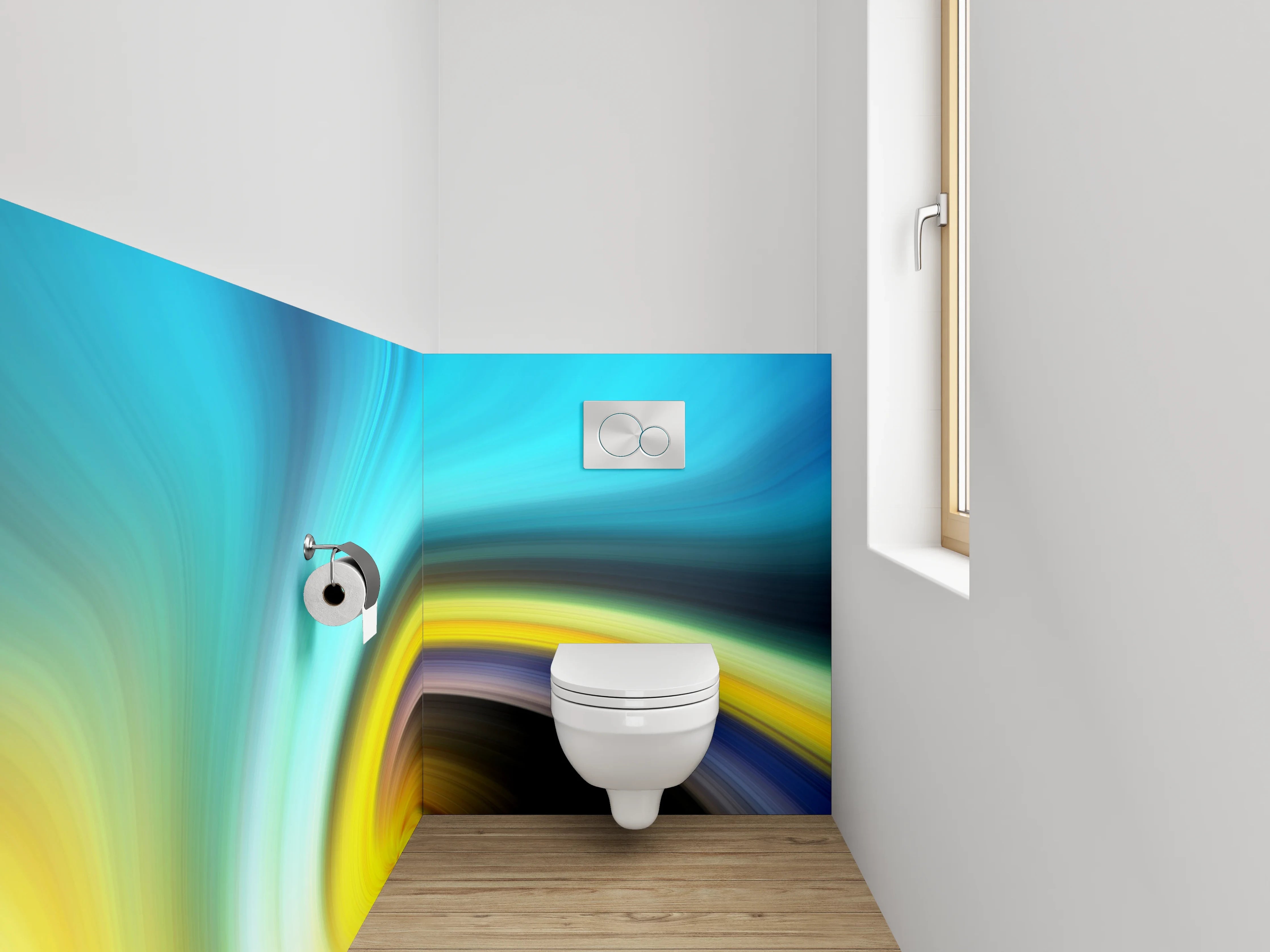 WC-Rückwand - Abstrakter Farbwirbel in Gelb und Blau