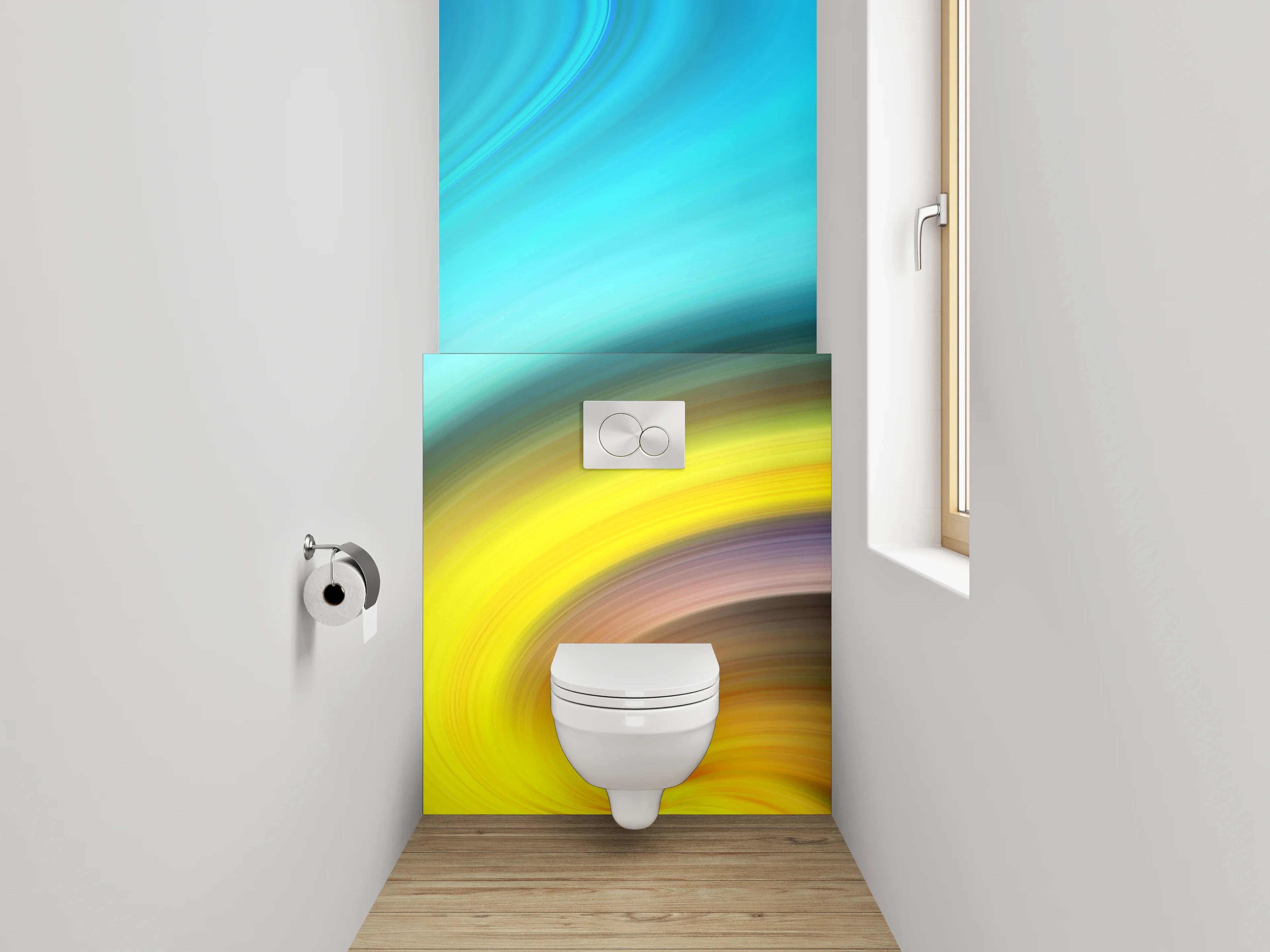 WC-Rückwand - Abstrakter Farbwirbel in Gelb und Blau