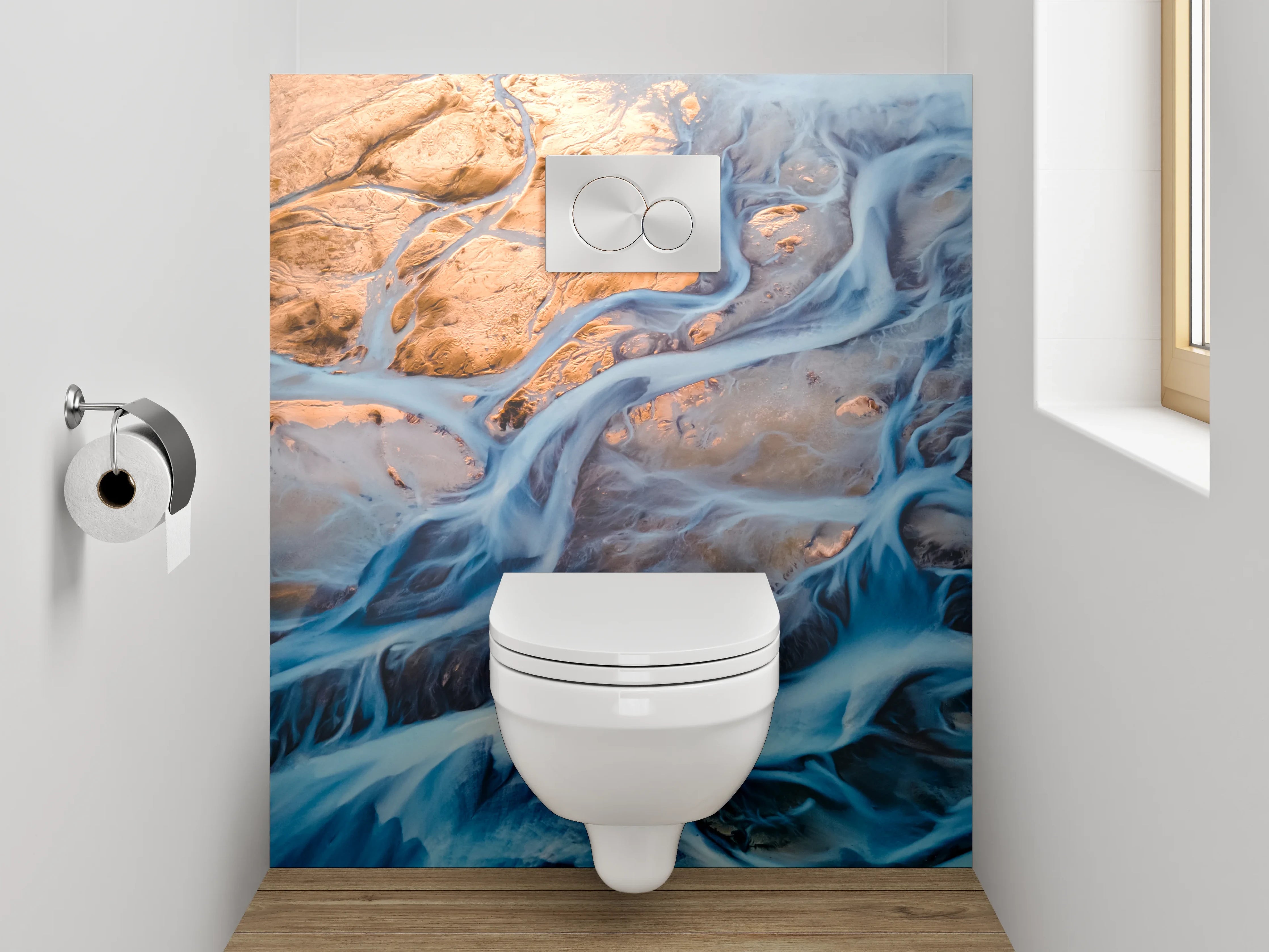 WC-Rückwand - Abstrakter Flusslauf in Blau und Gold