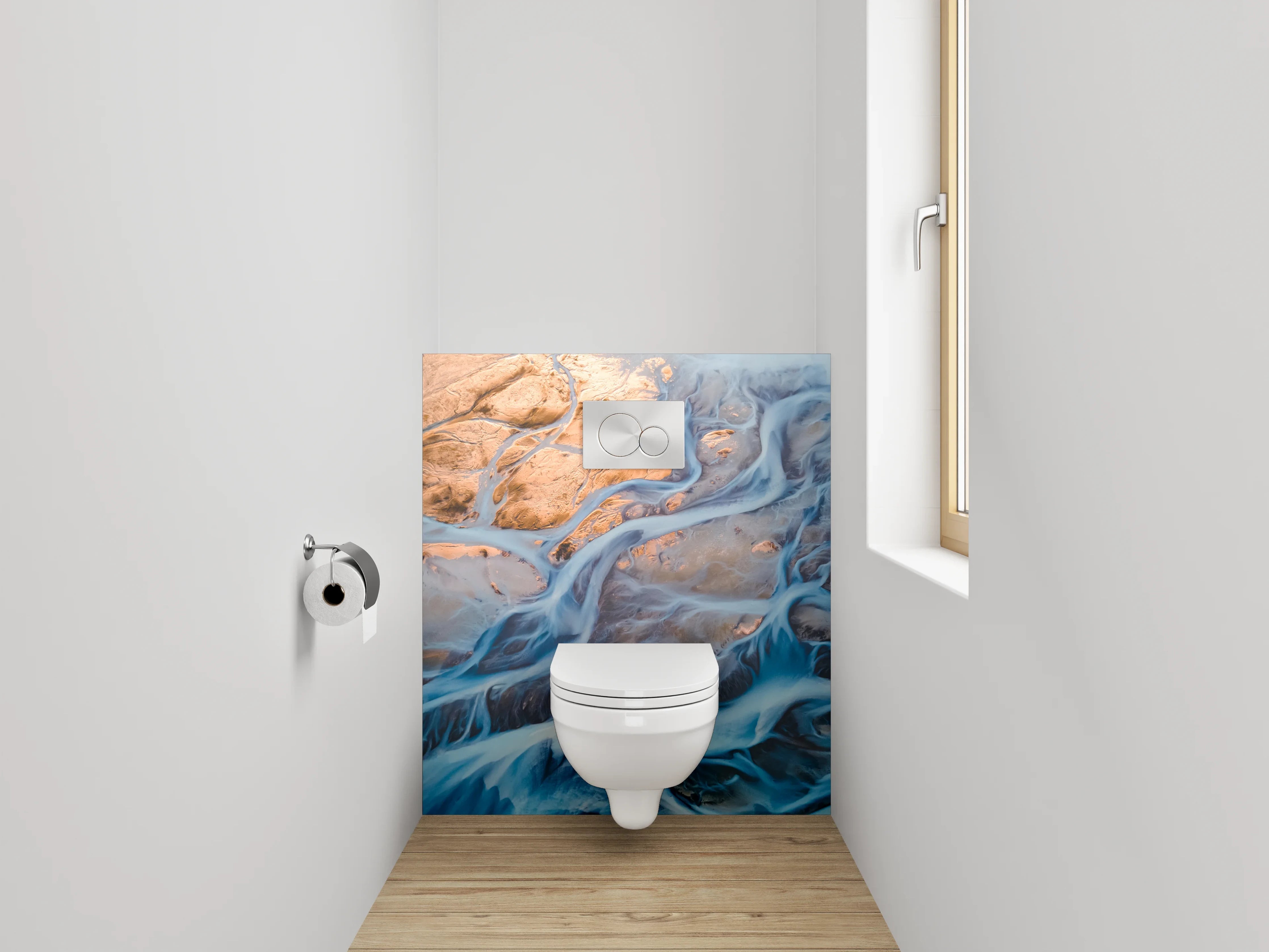 WC-Rückwand - Abstrakter Flusslauf in Blau und Gold