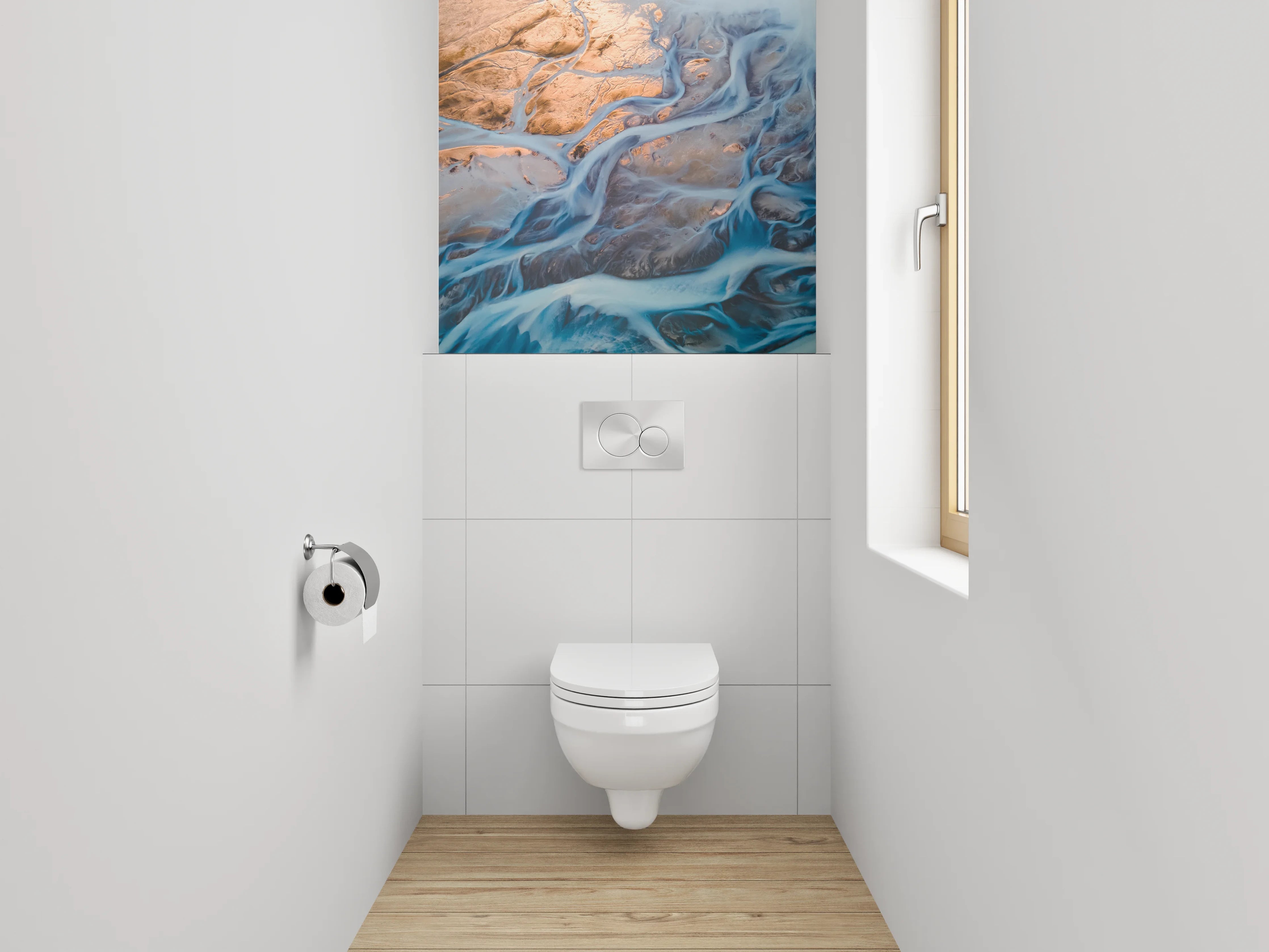 WC-Rückwand - Abstrakter Flusslauf in Blau und Gold