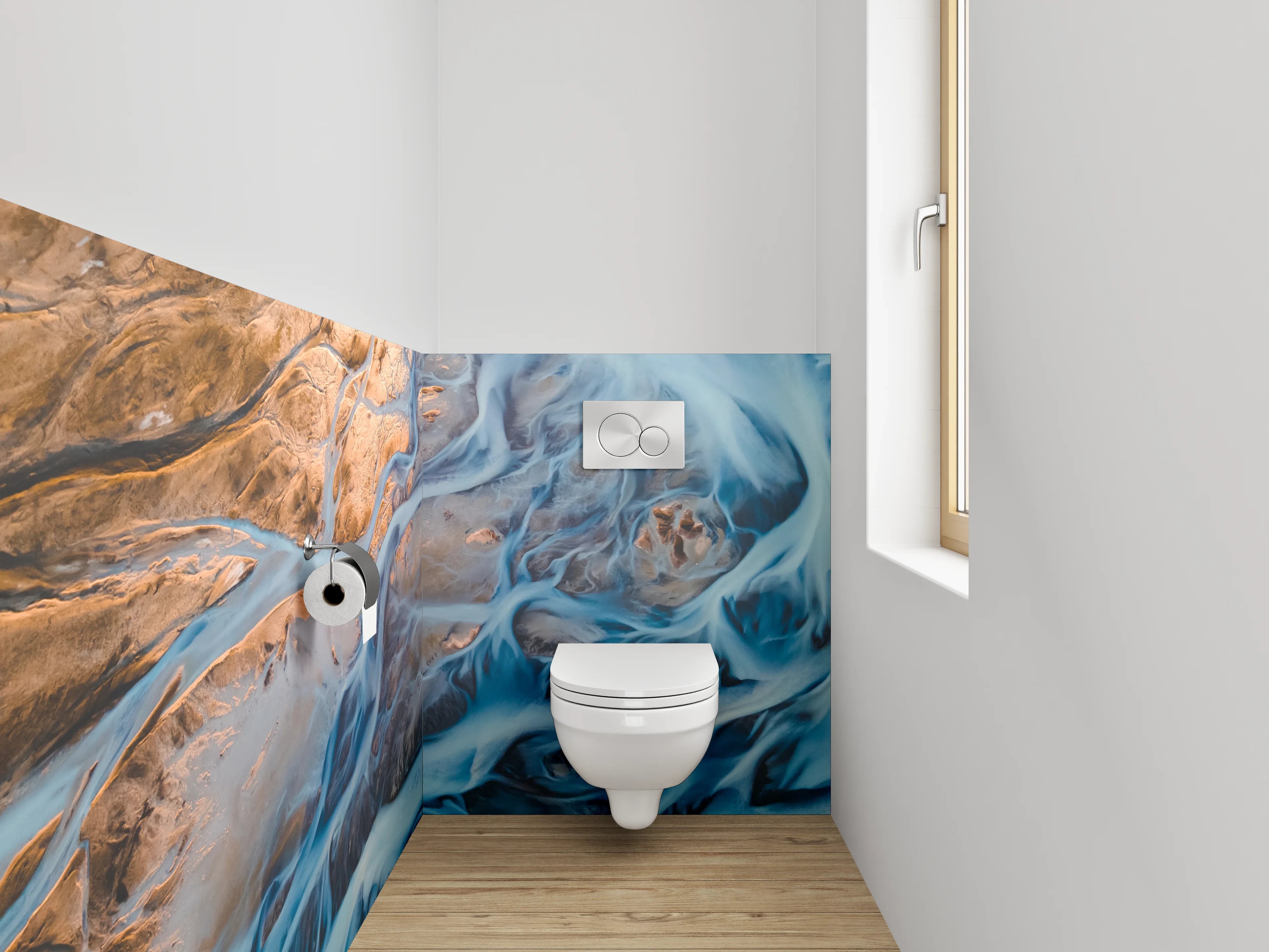 WC-Rückwand - Abstrakter Flusslauf in Blau und Gold