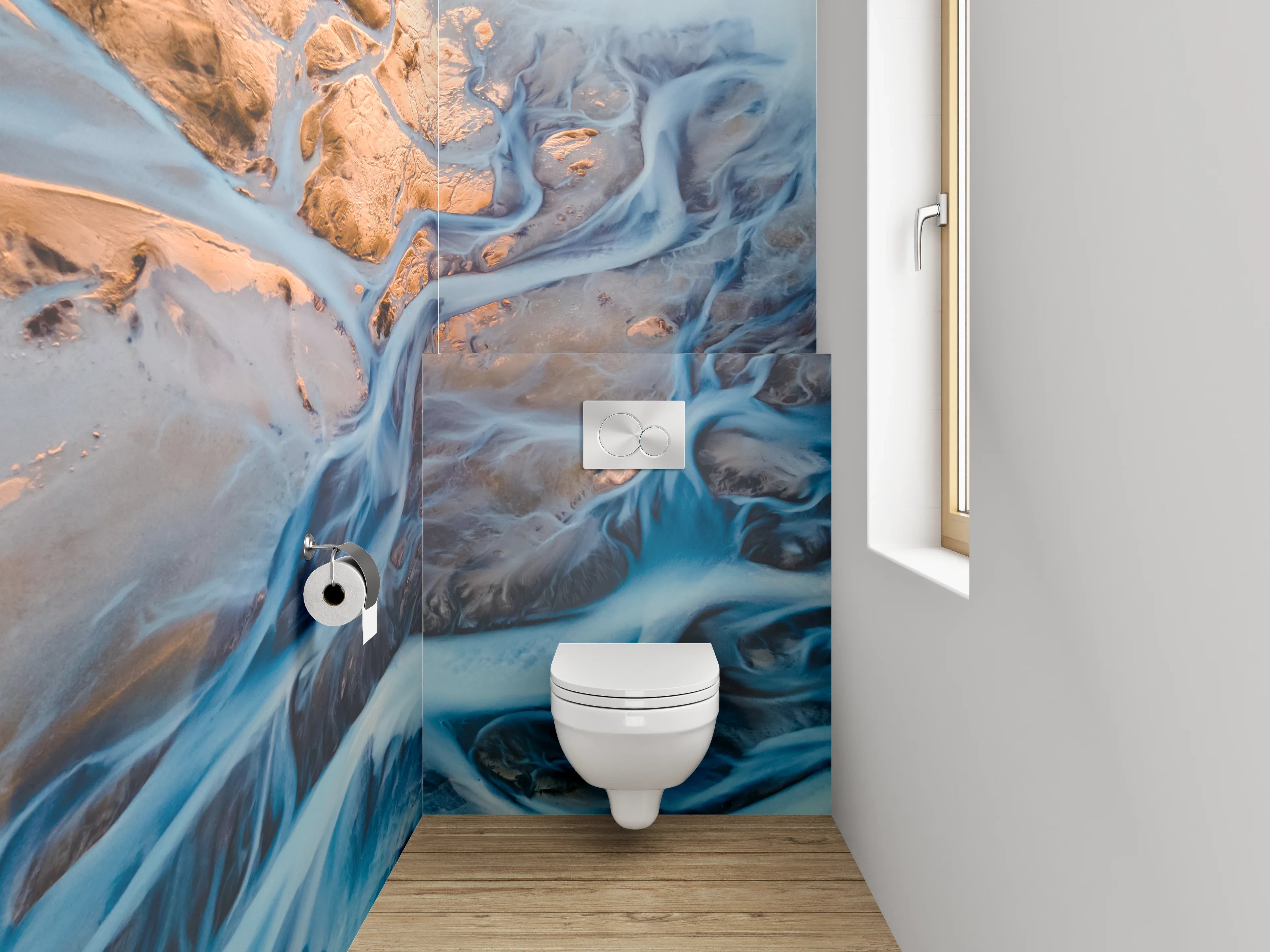 WC-Rückwand - Abstrakter Flusslauf in Blau und Gold