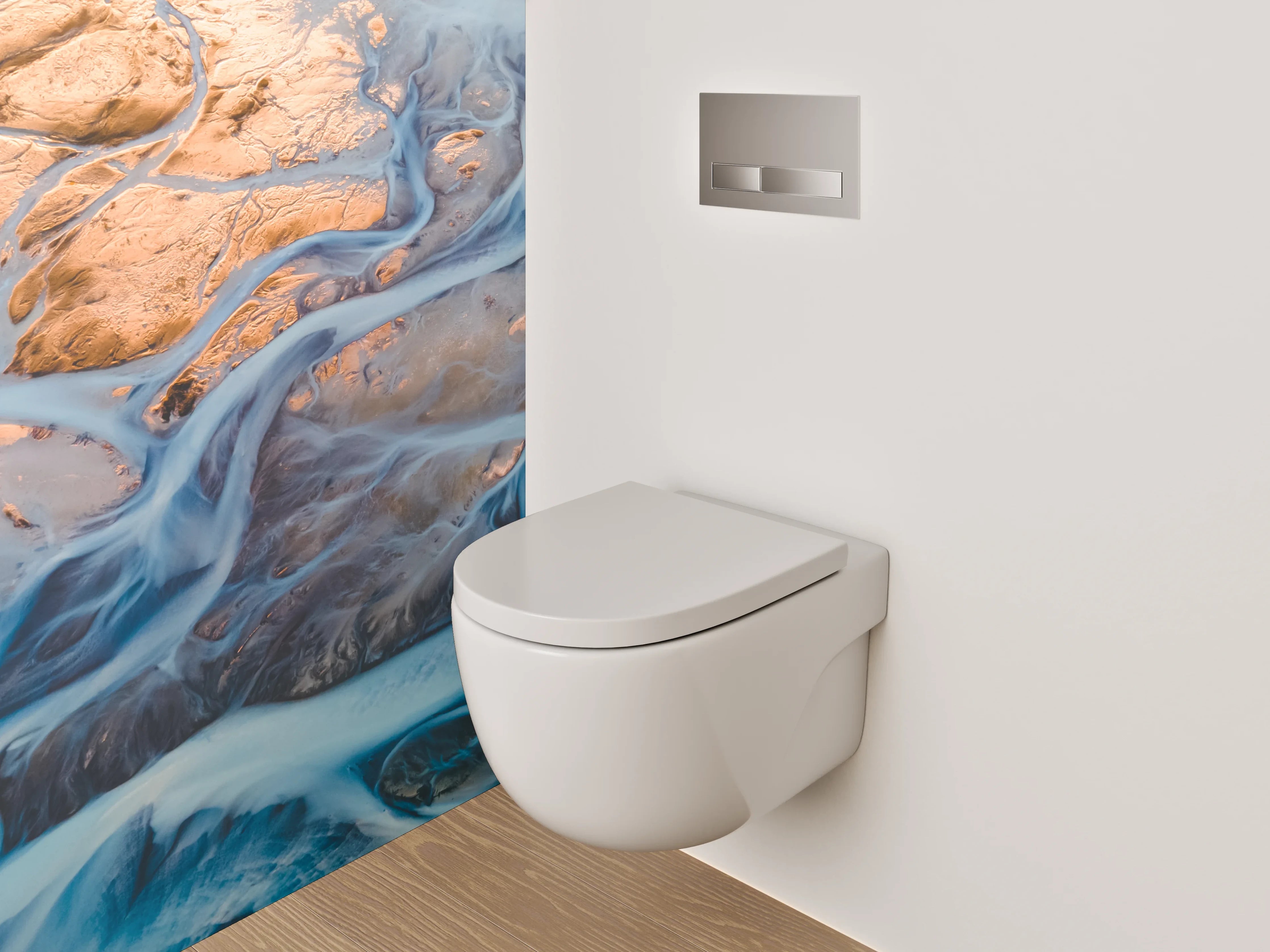 WC-Rückwand - Abstrakter Flusslauf in Blau und Gold