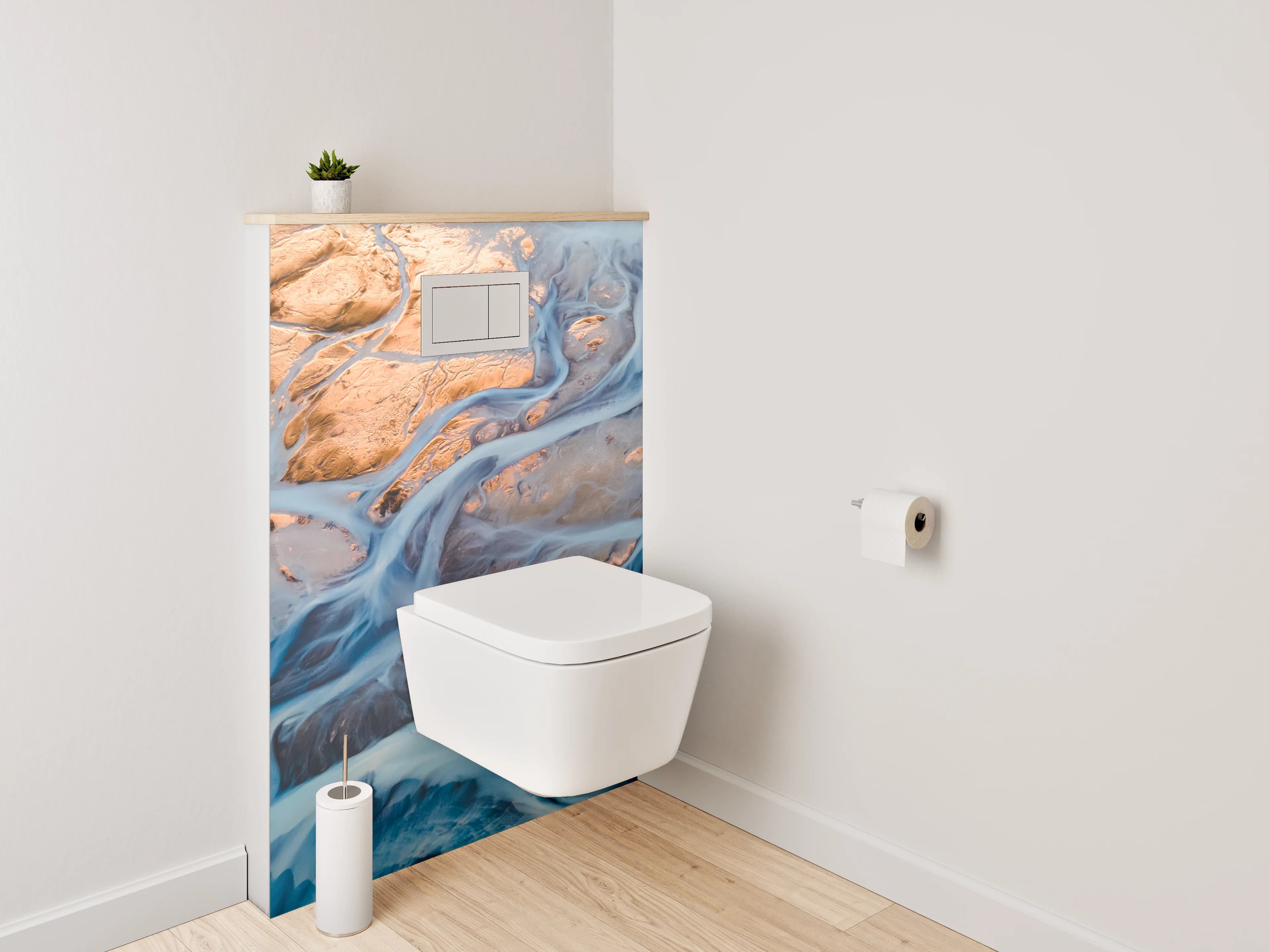 WC-Rückwand - Abstrakter Flusslauf in Blau und Gold