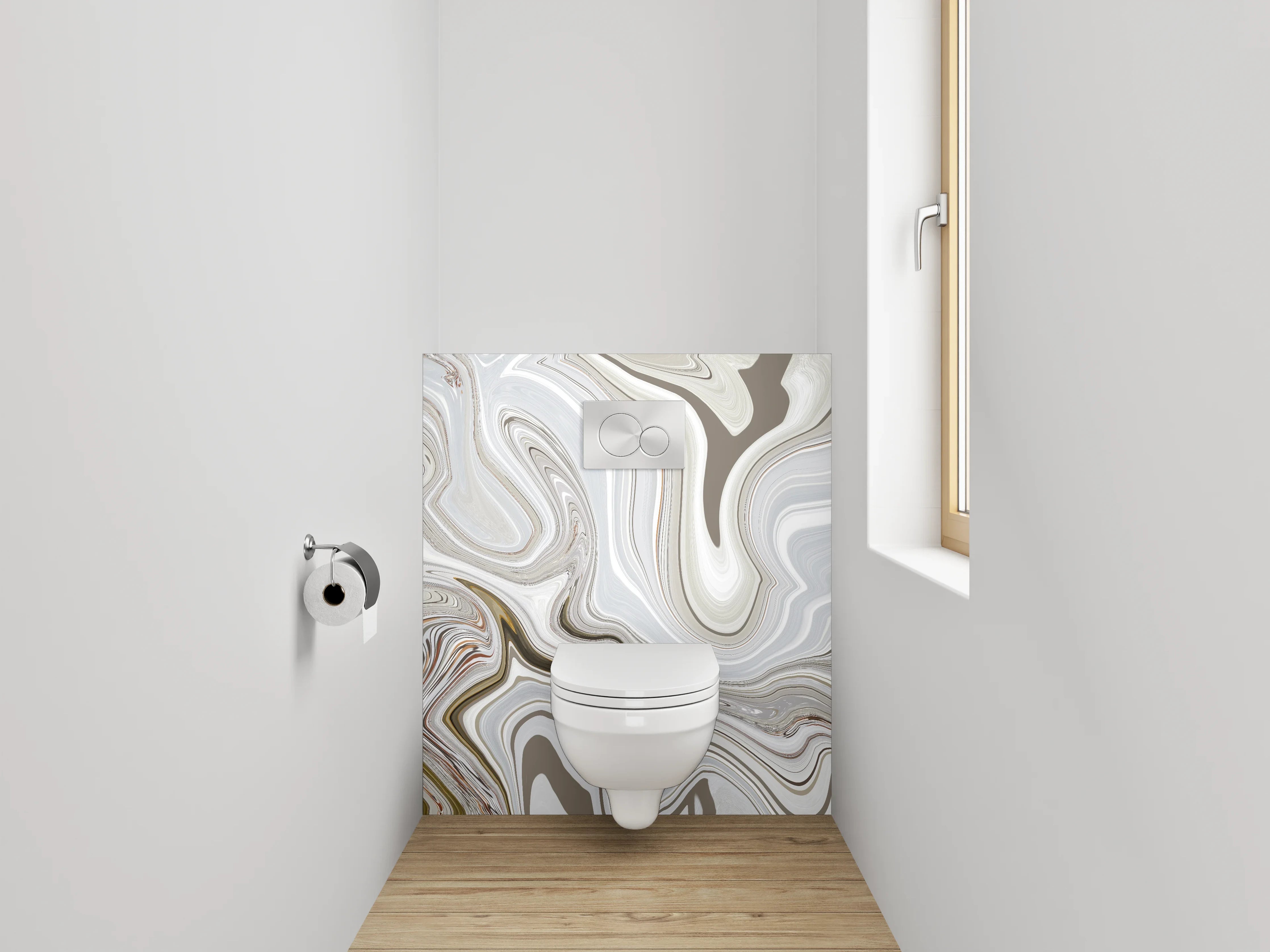 WC-Rückwand - Abstrakter Marmor-Look in Weiß und Beige