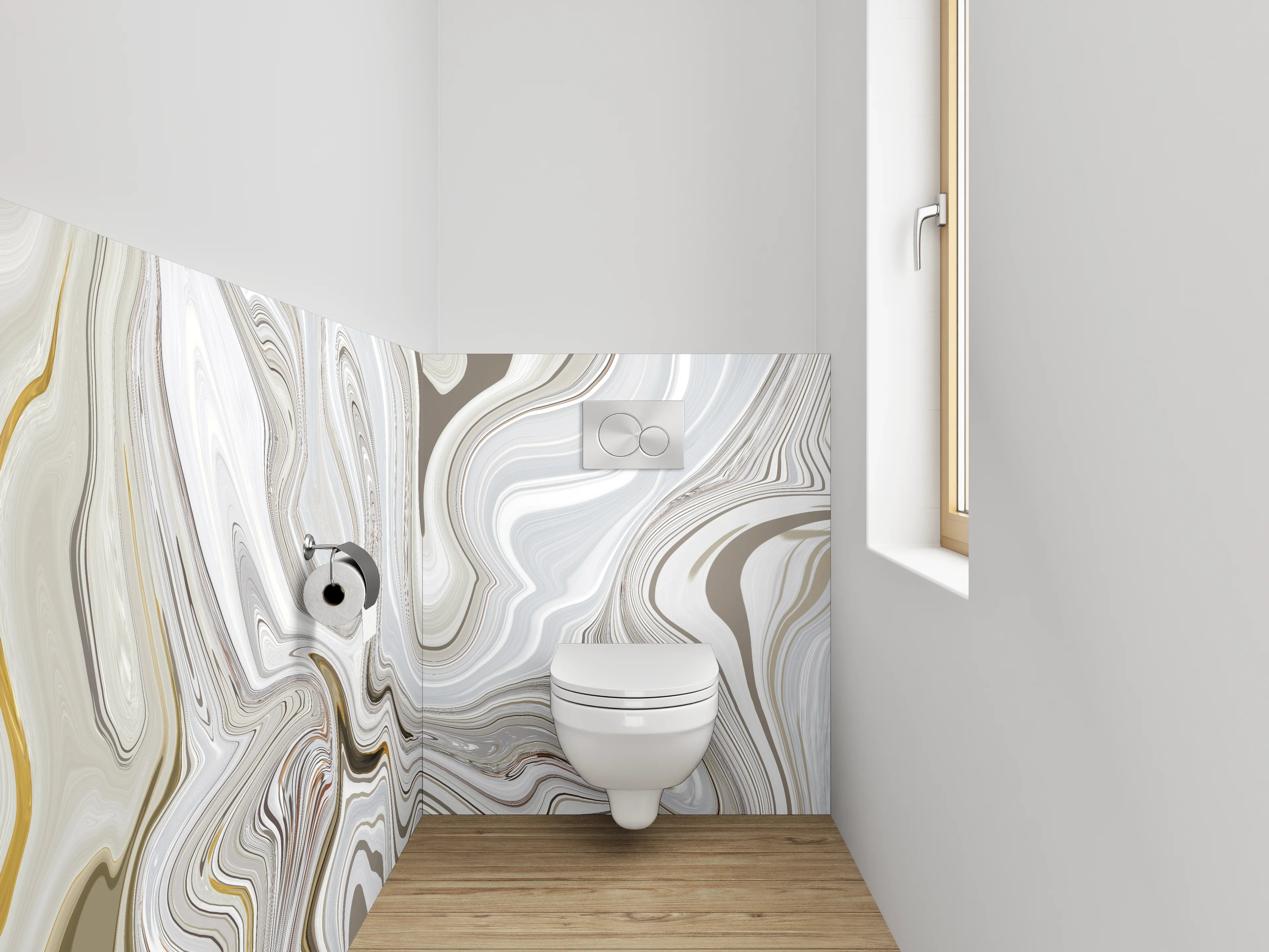 WC-Rückwand - Abstrakter Marmor-Look in Weiß und Beige