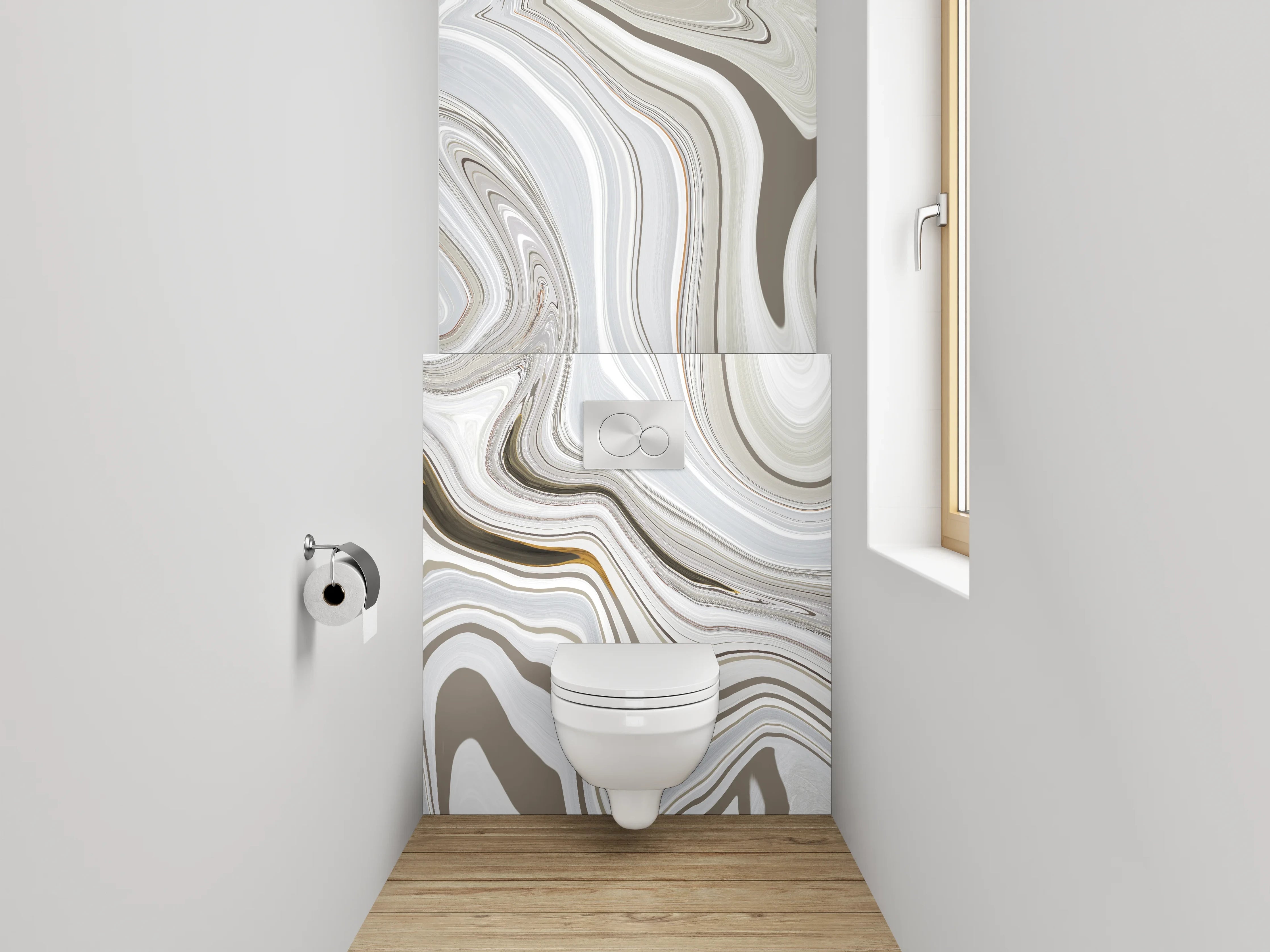 WC-Rückwand - Abstrakter Marmor-Look in Weiß und Beige