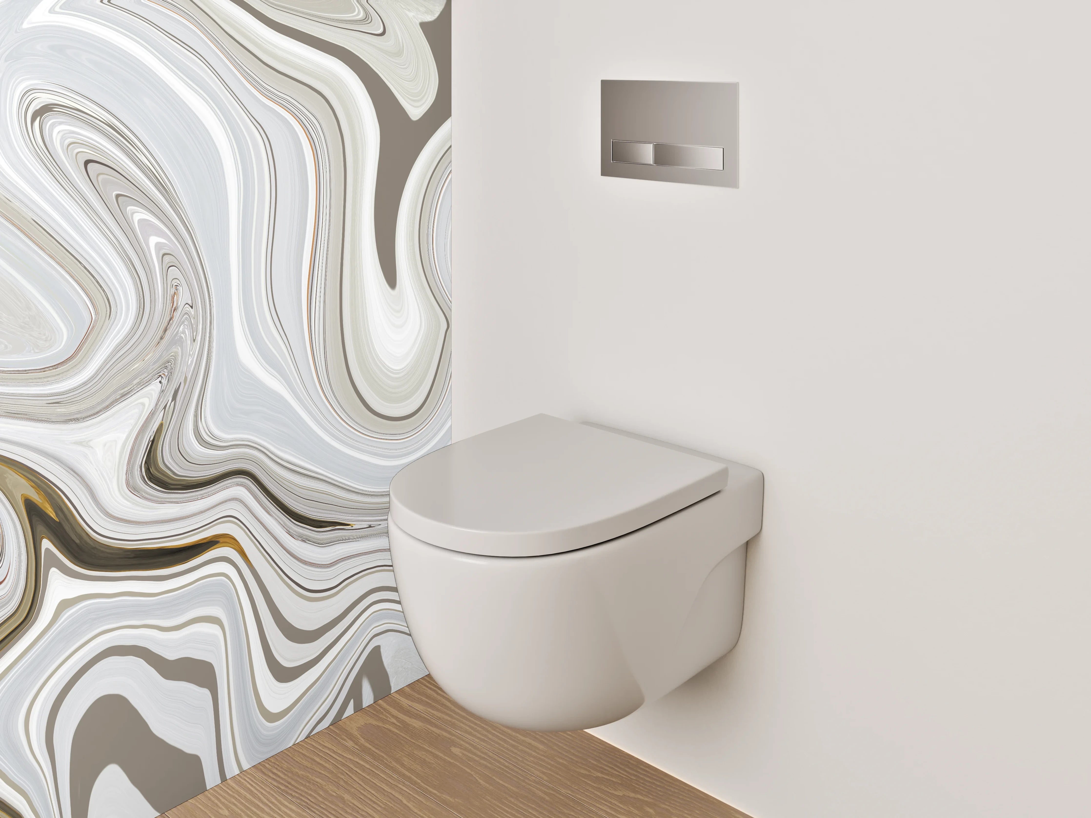 WC-Rückwand - Abstrakter Marmor-Look in Weiß und Beige