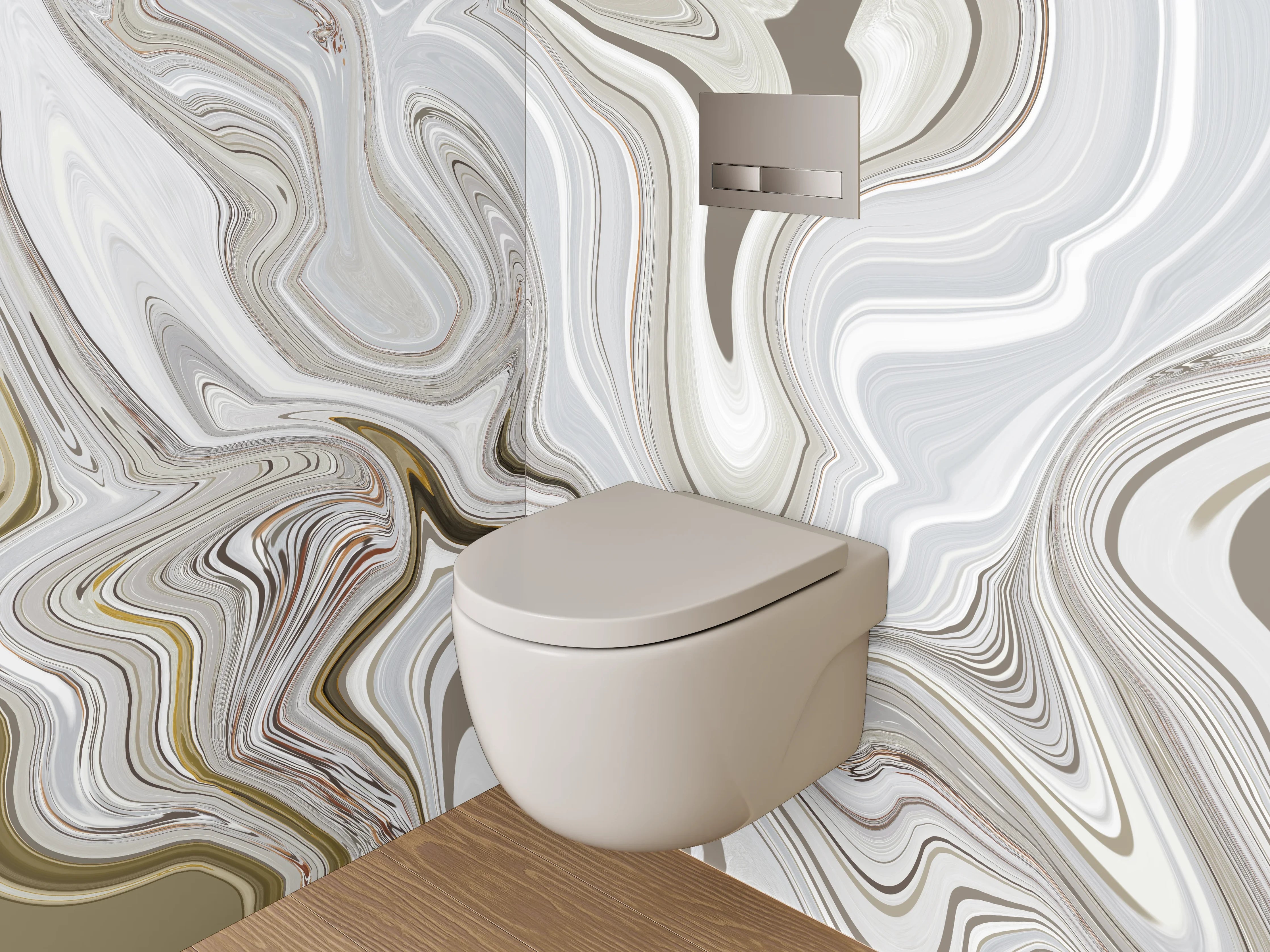 WC-Rückwand - Abstrakter Marmor-Look in Weiß und Beige
