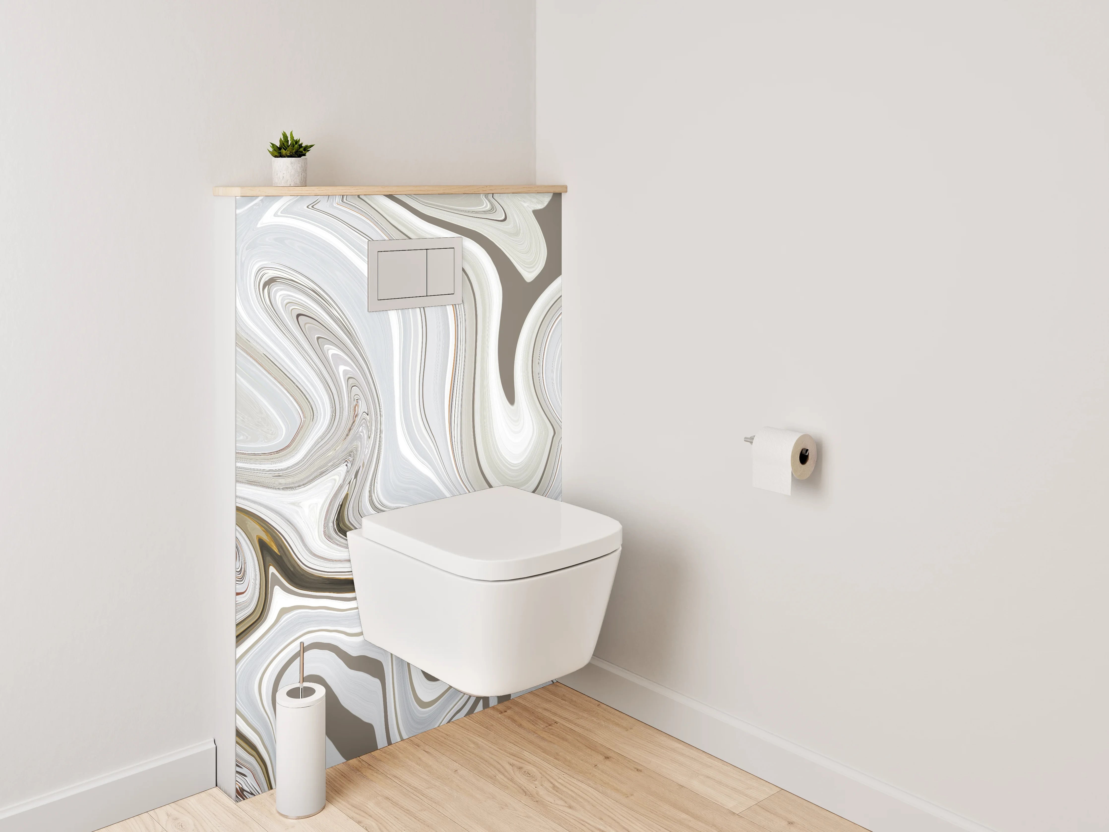 WC-Rückwand - Abstrakter Marmor-Look in Weiß und Beige