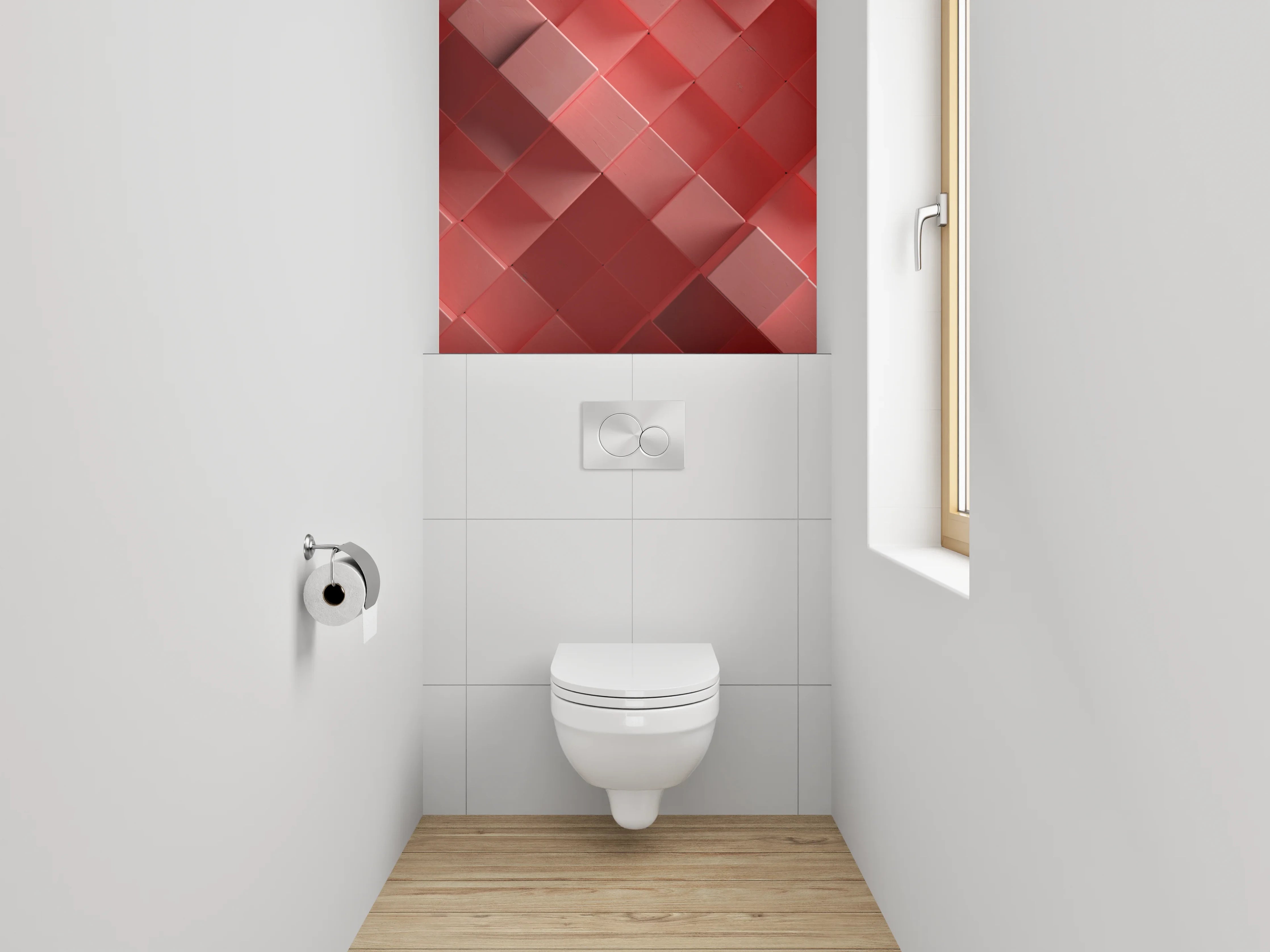 WC-Rückwand - Abstraktes 3D-Würfelmosaik in Rot