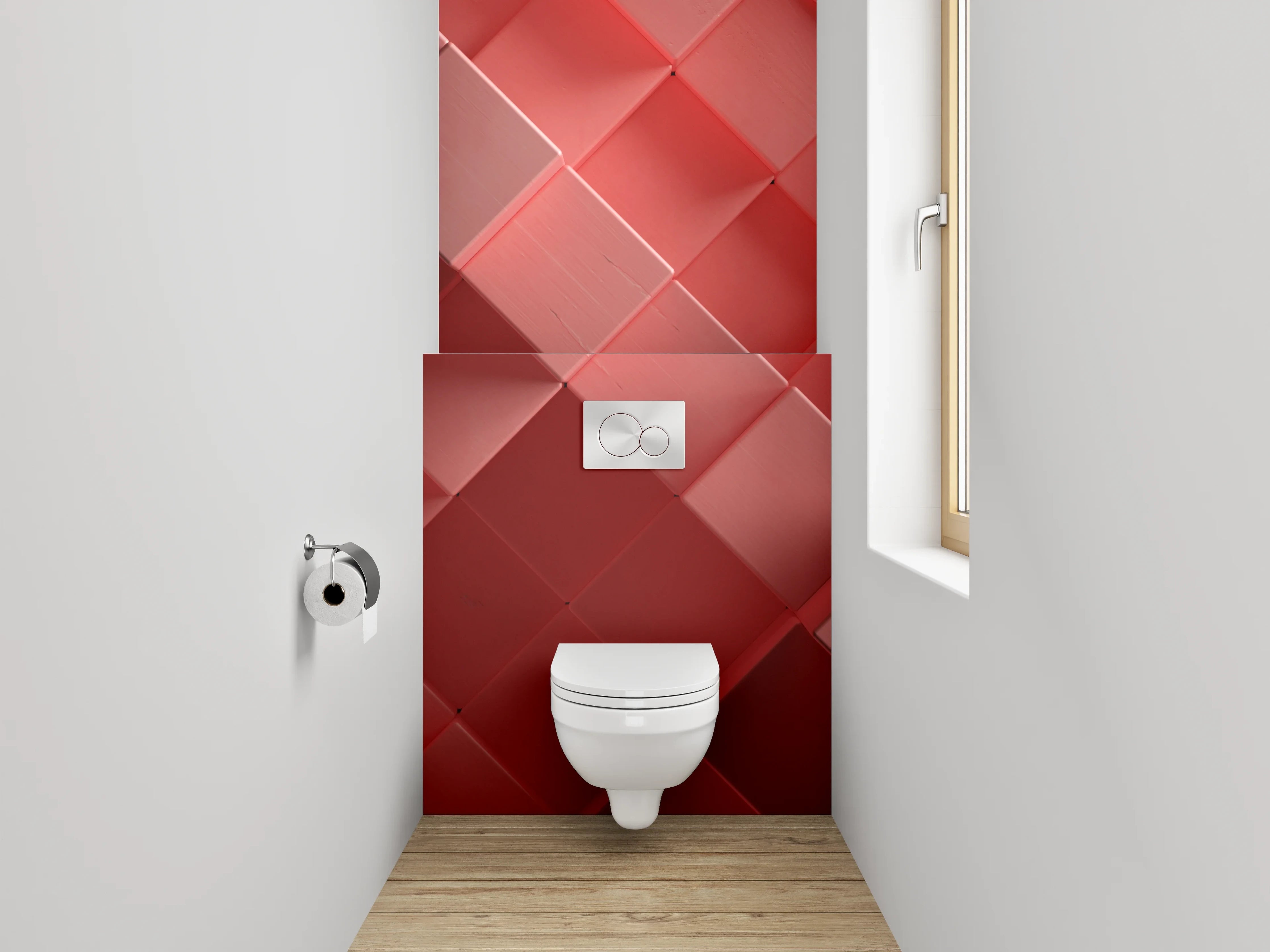 WC-Rückwand - Abstraktes 3D-Würfelmosaik in Rot