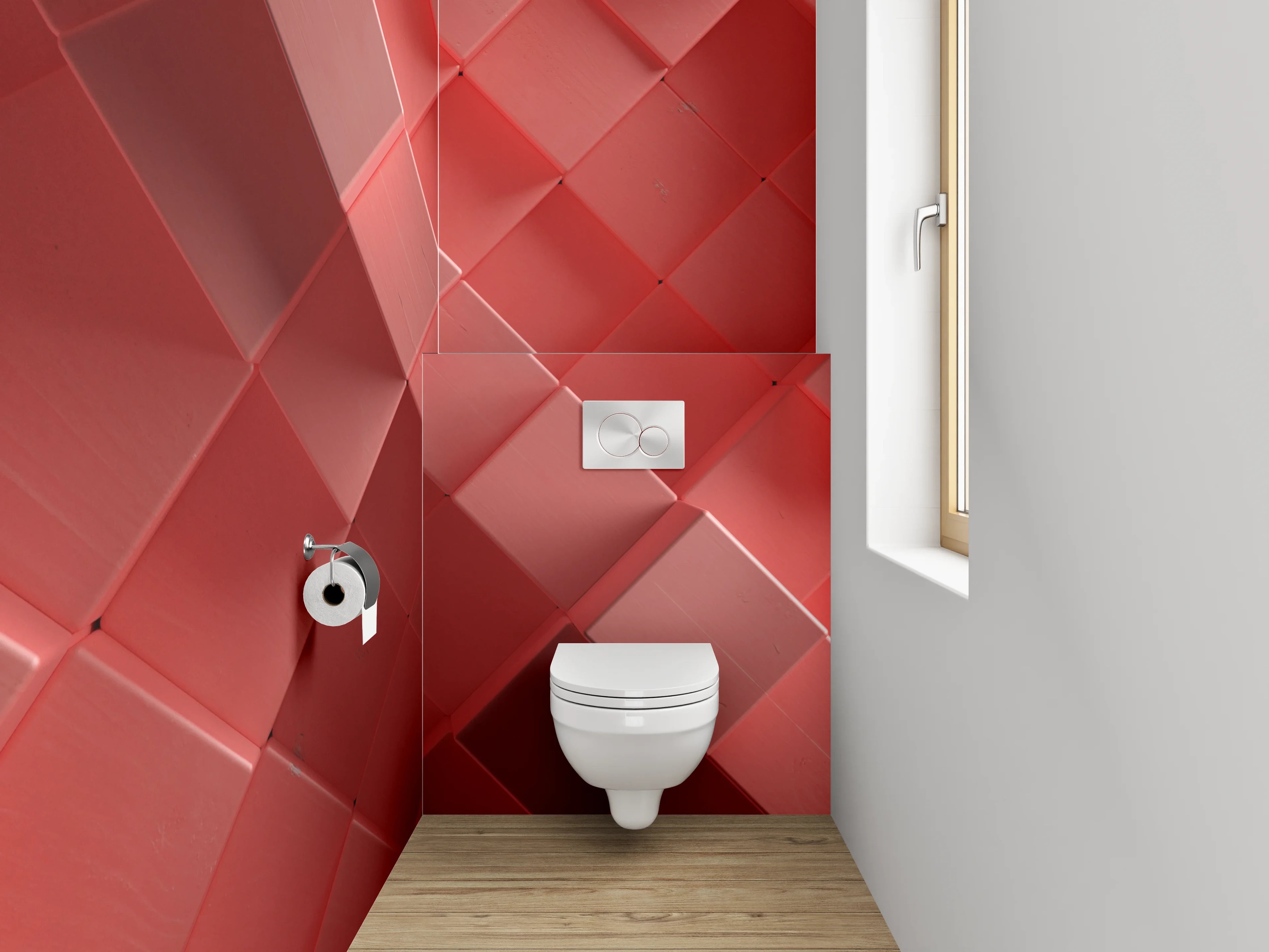 WC-Rückwand - Abstraktes 3D-Würfelmosaik in Rot
