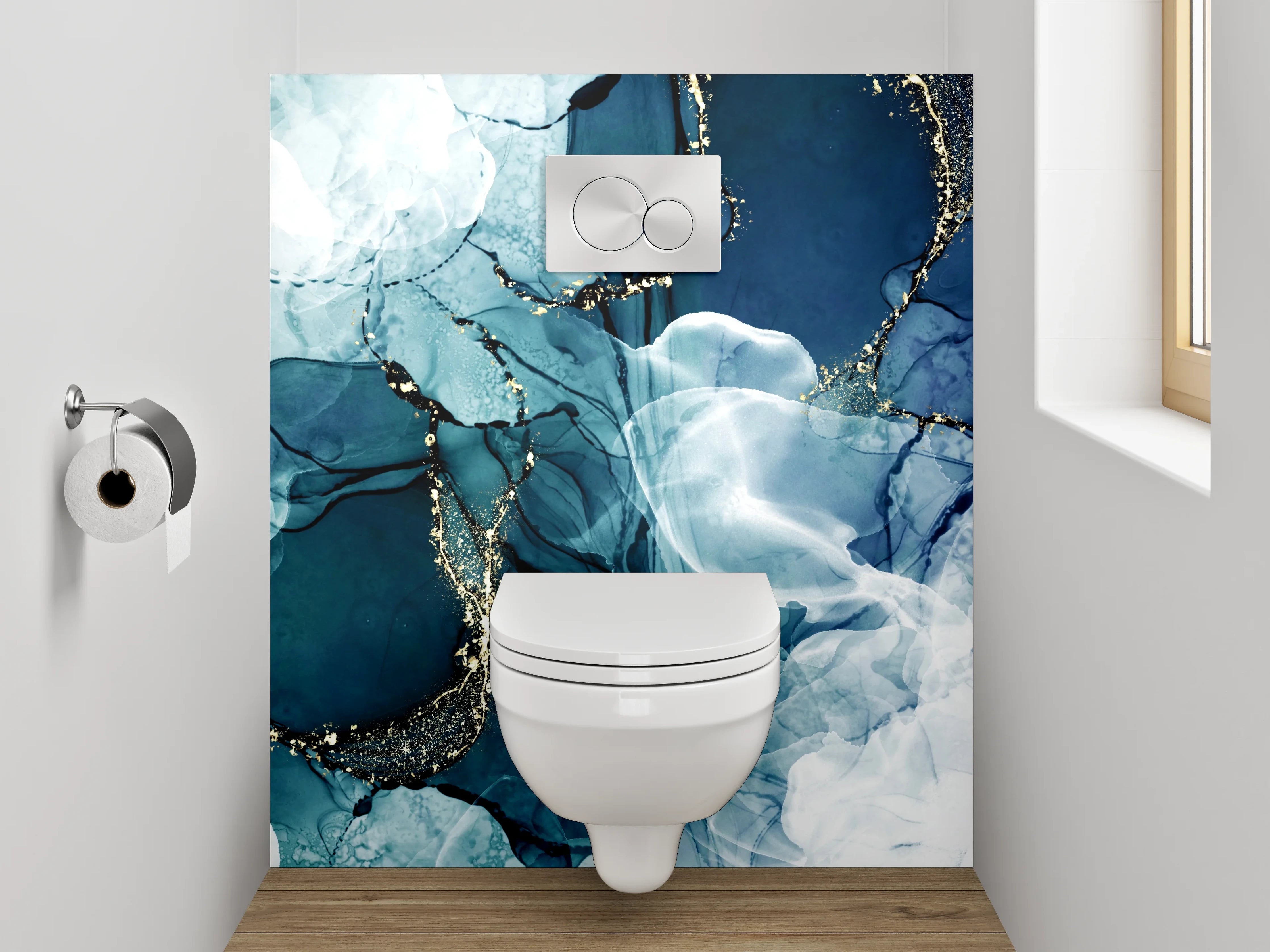 WC-Rückwand - Abstraktes Aquarell Blau Gold Marmor