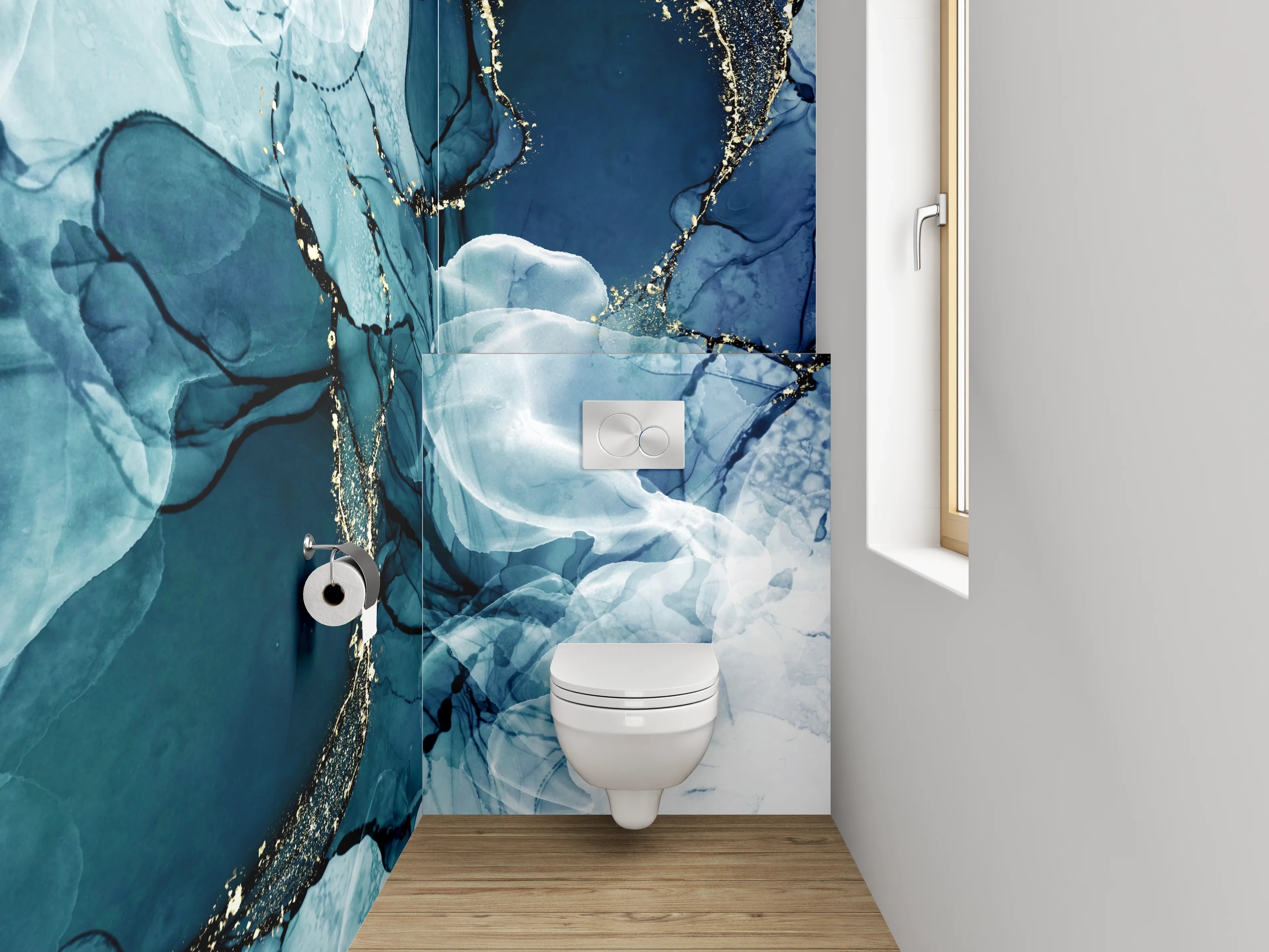 WC-Rückwand - Abstraktes Aquarell Blau Gold Marmor