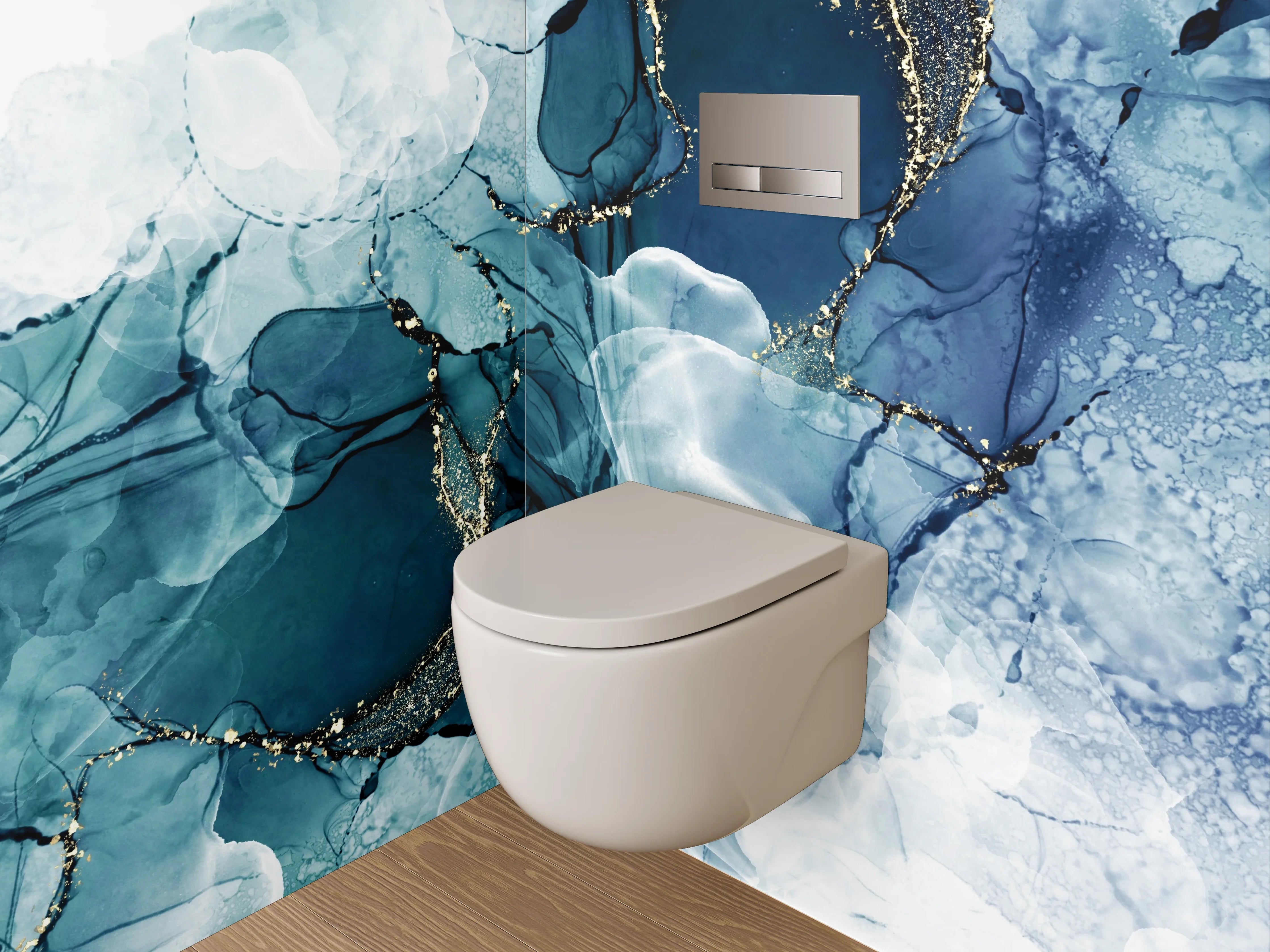 WC-Rückwand - Abstraktes Aquarell Blau Gold Marmor