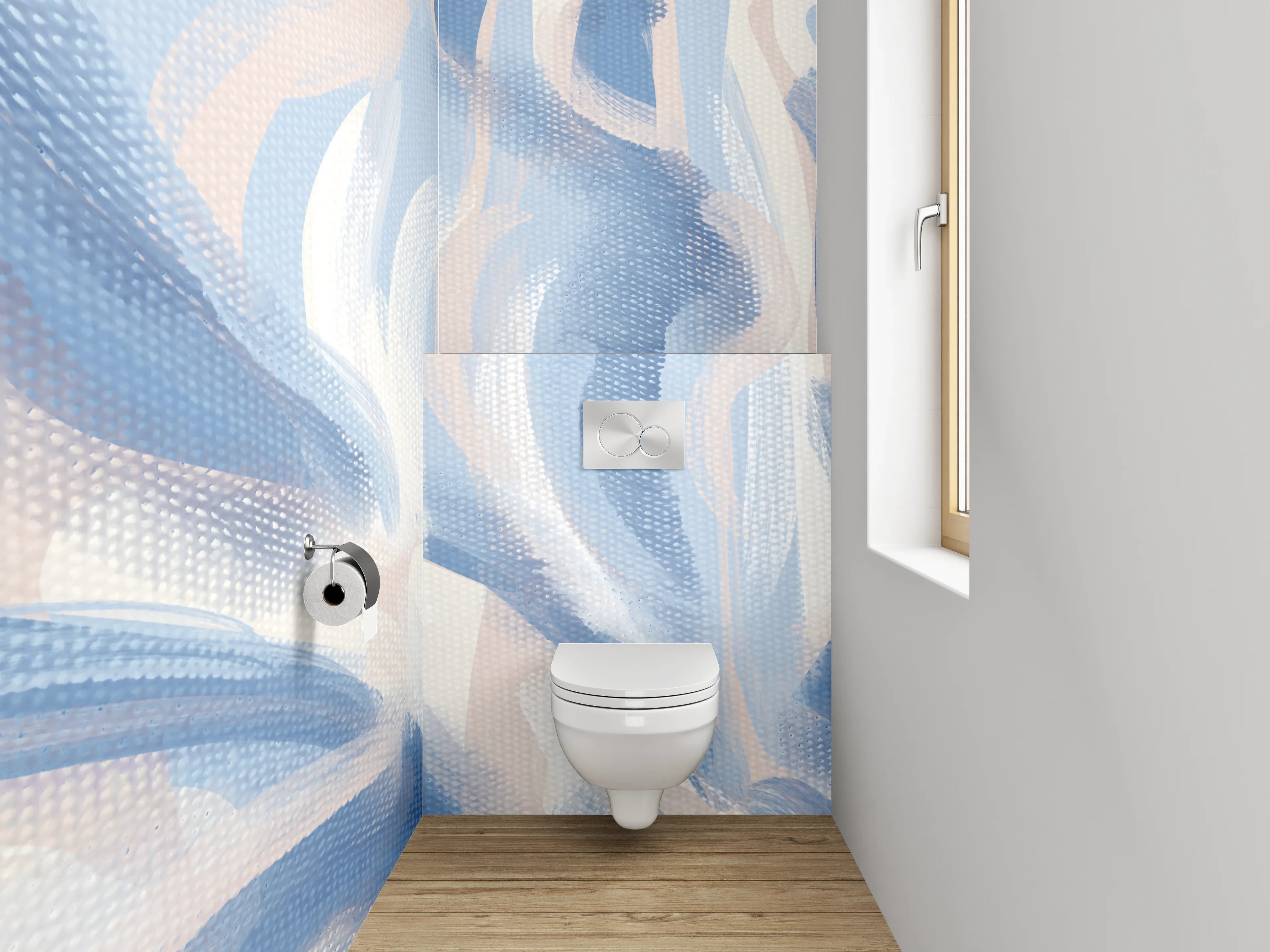 WC-Rückwand - Abstraktes Aquarell in Blau-Beige