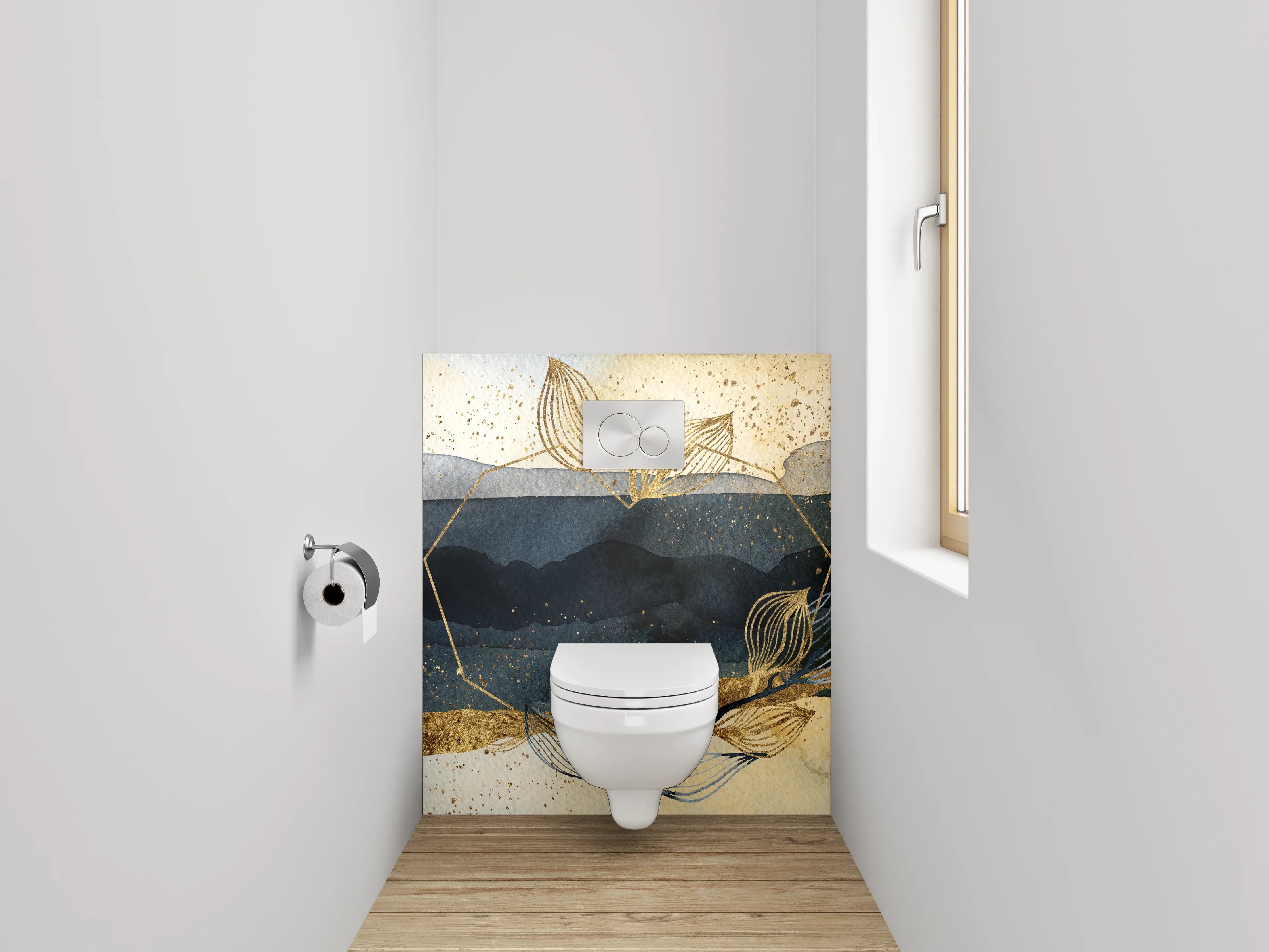 WC-Rückwand - Abstraktes Aquarell in Gold und Blau