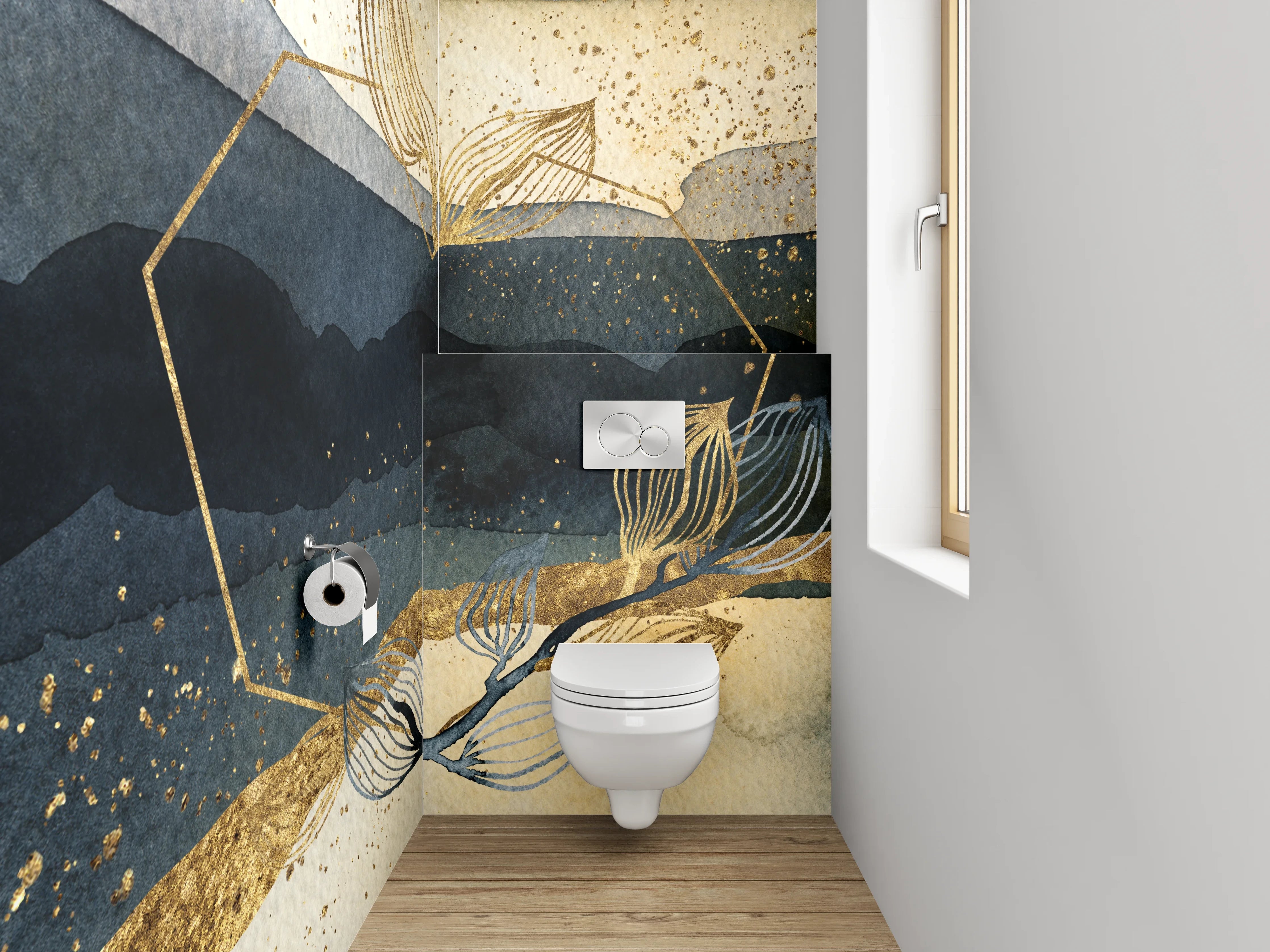 WC-Rückwand - Abstraktes Aquarell in Gold und Blau