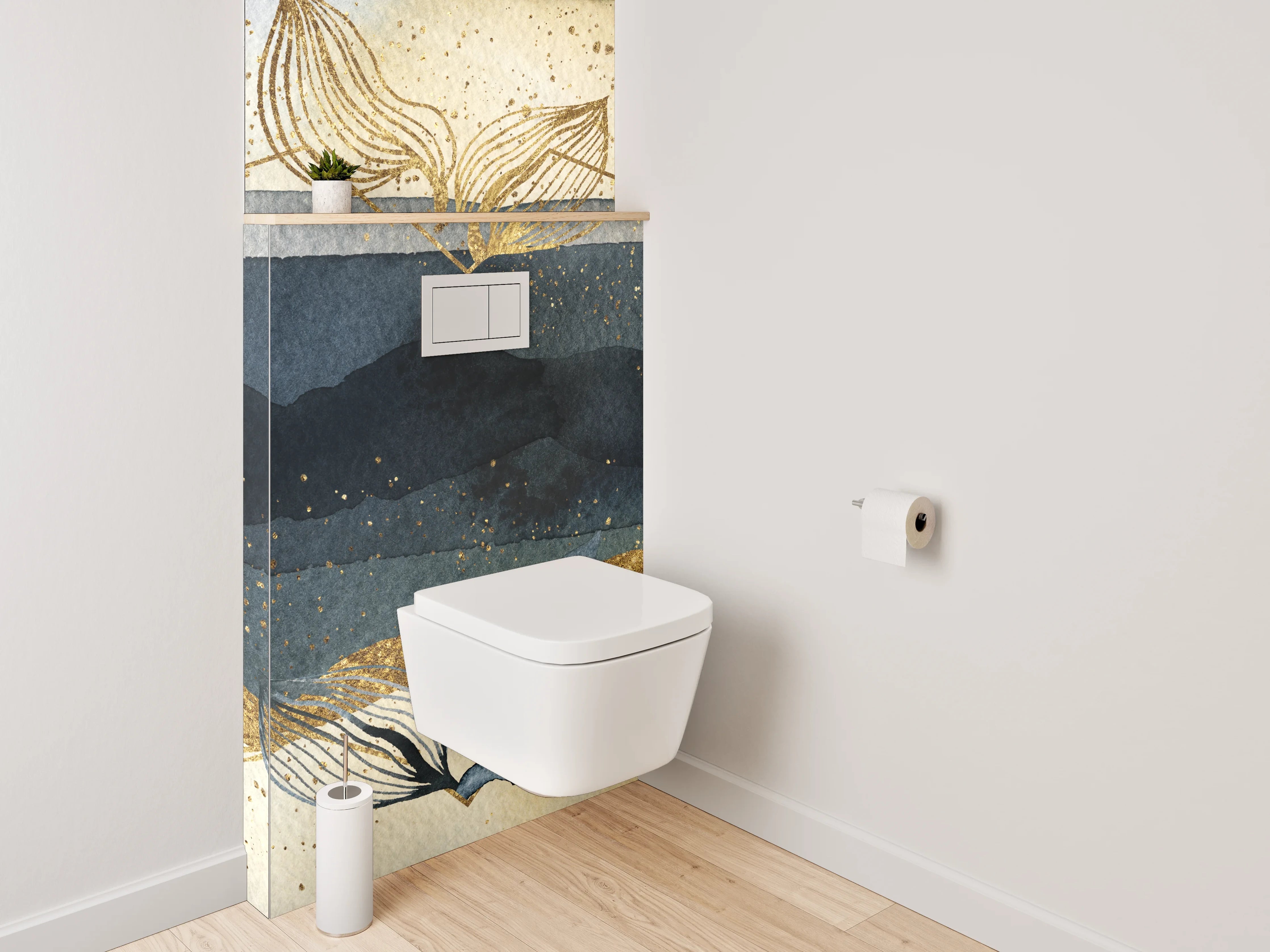 WC-Rückwand - Abstraktes Aquarell in Gold und Blau