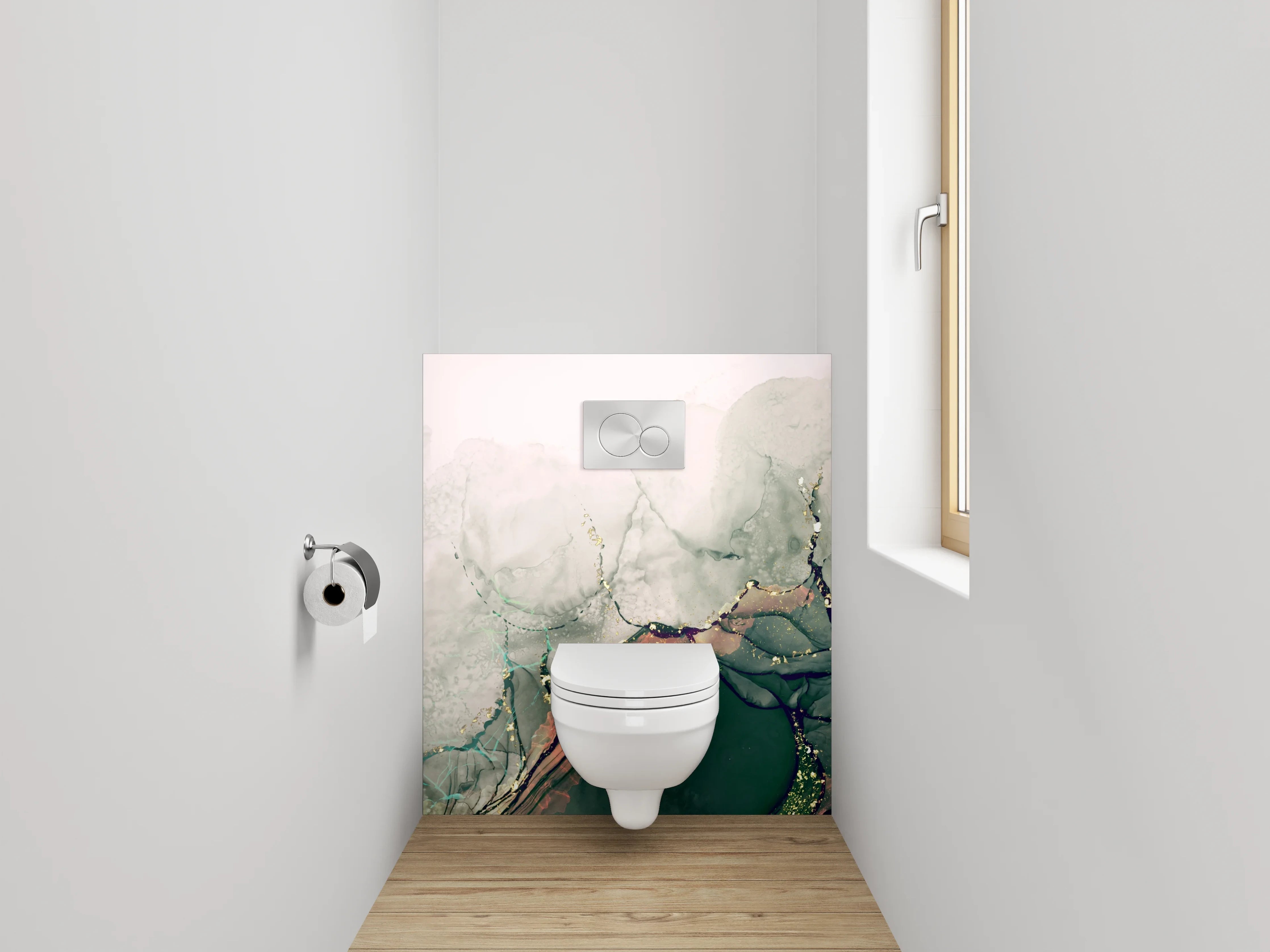 WC-Rückwand - Abstraktes Aquarell in Grün und Gold