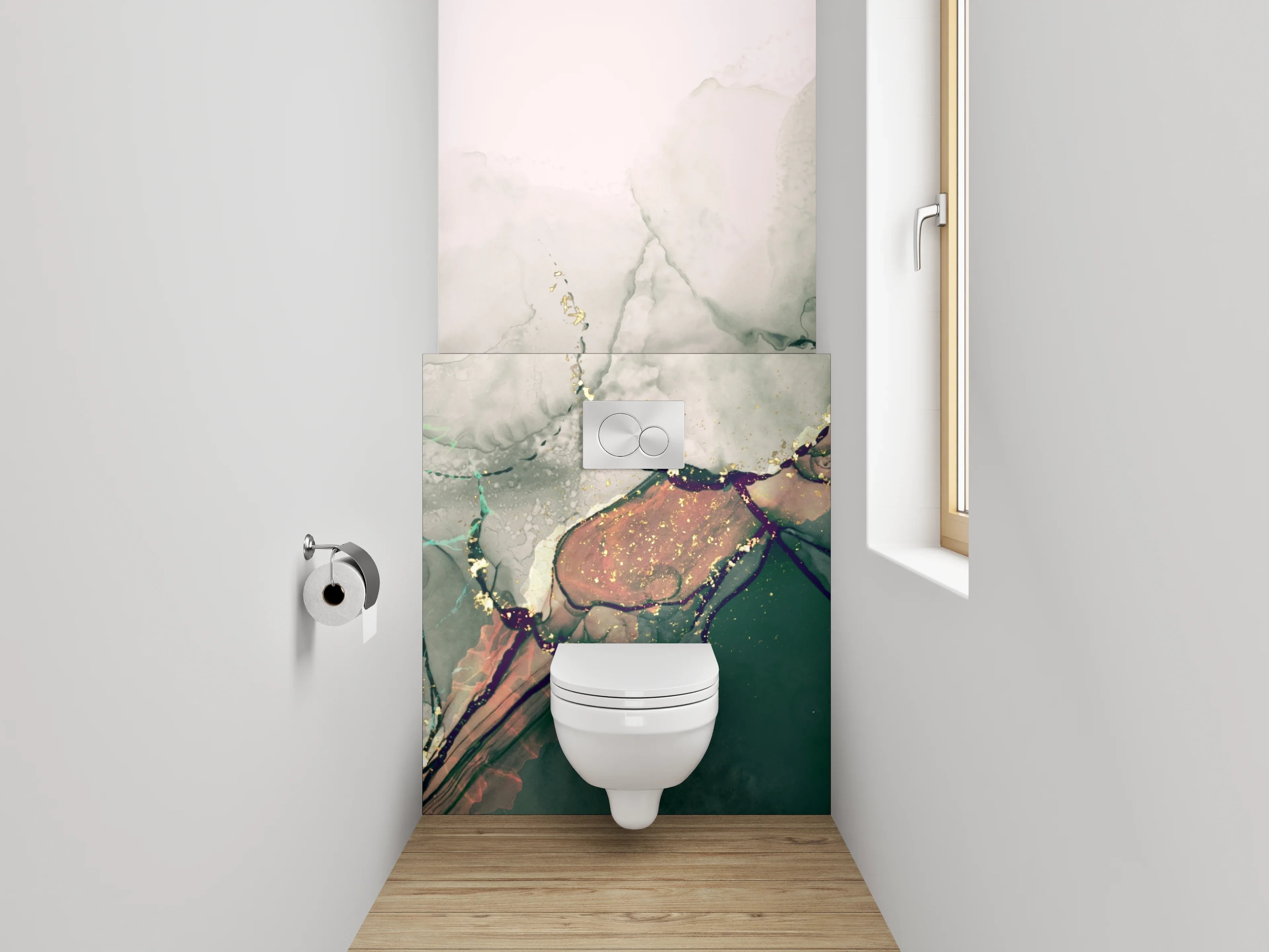 WC-Rückwand - Abstraktes Aquarell in Grün und Gold
