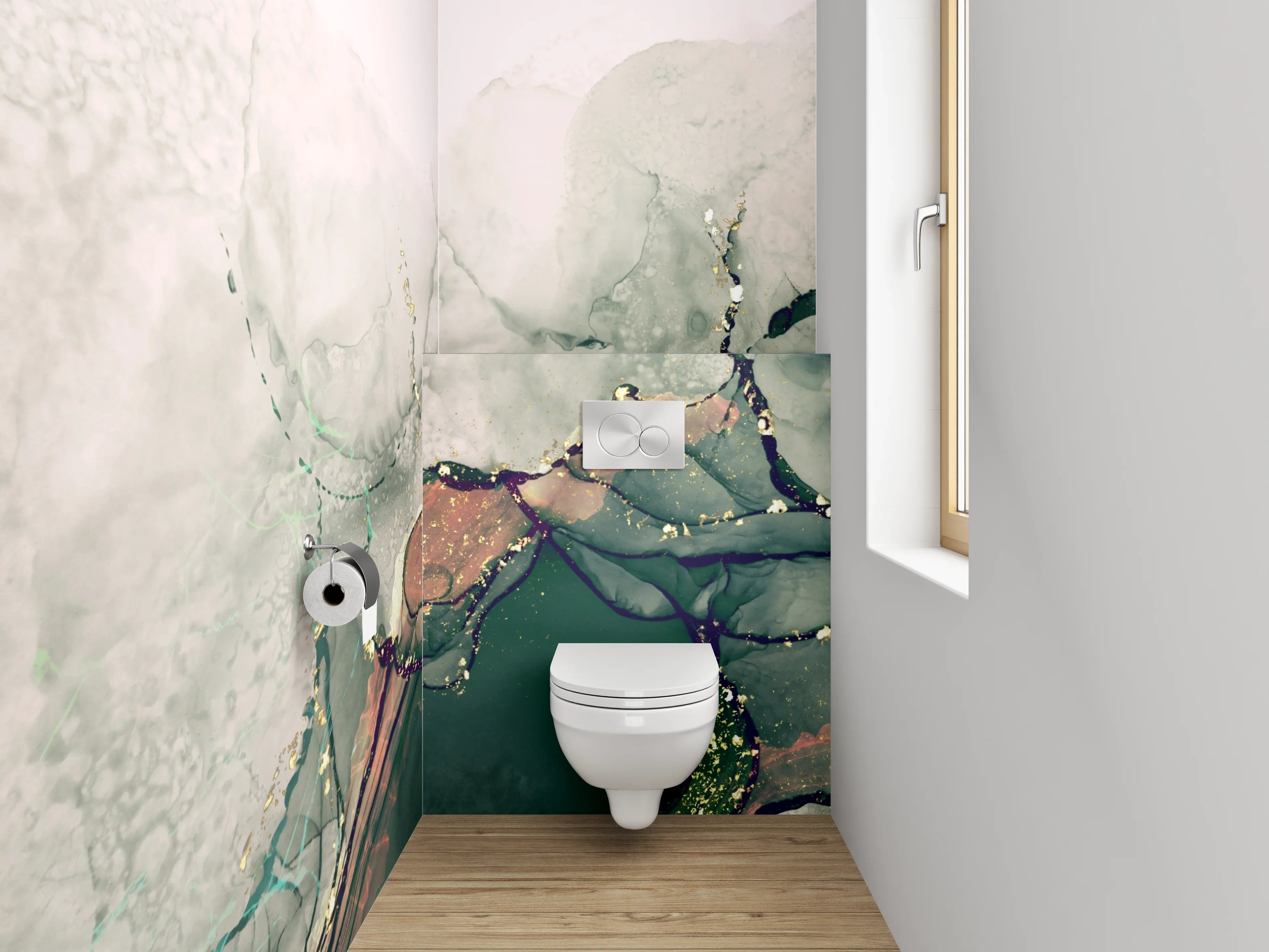 WC-Rückwand - Abstraktes Aquarell in Grün und Gold