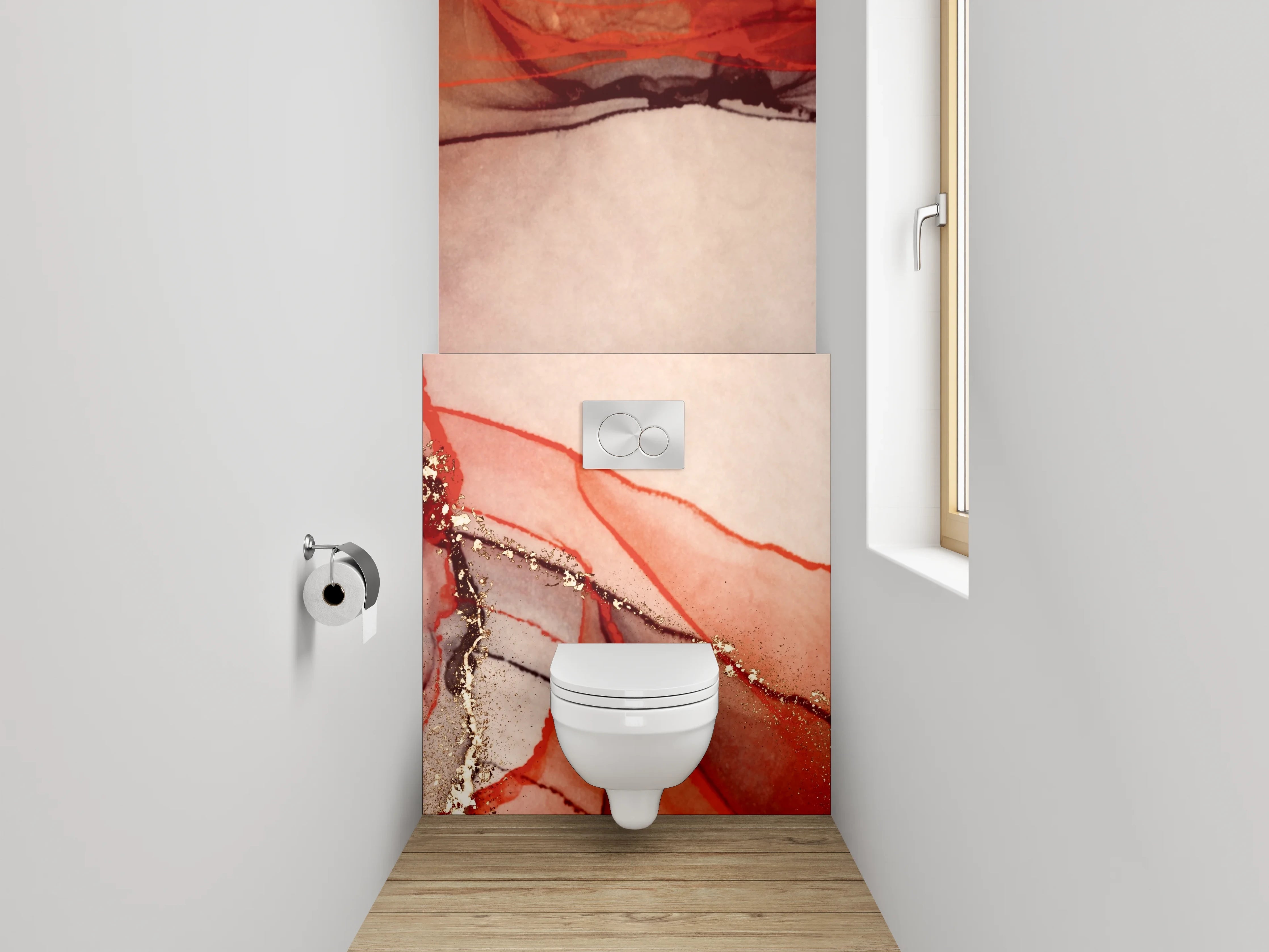 WC-Rückwand - Abstraktes Aquarell in Rot und Gold