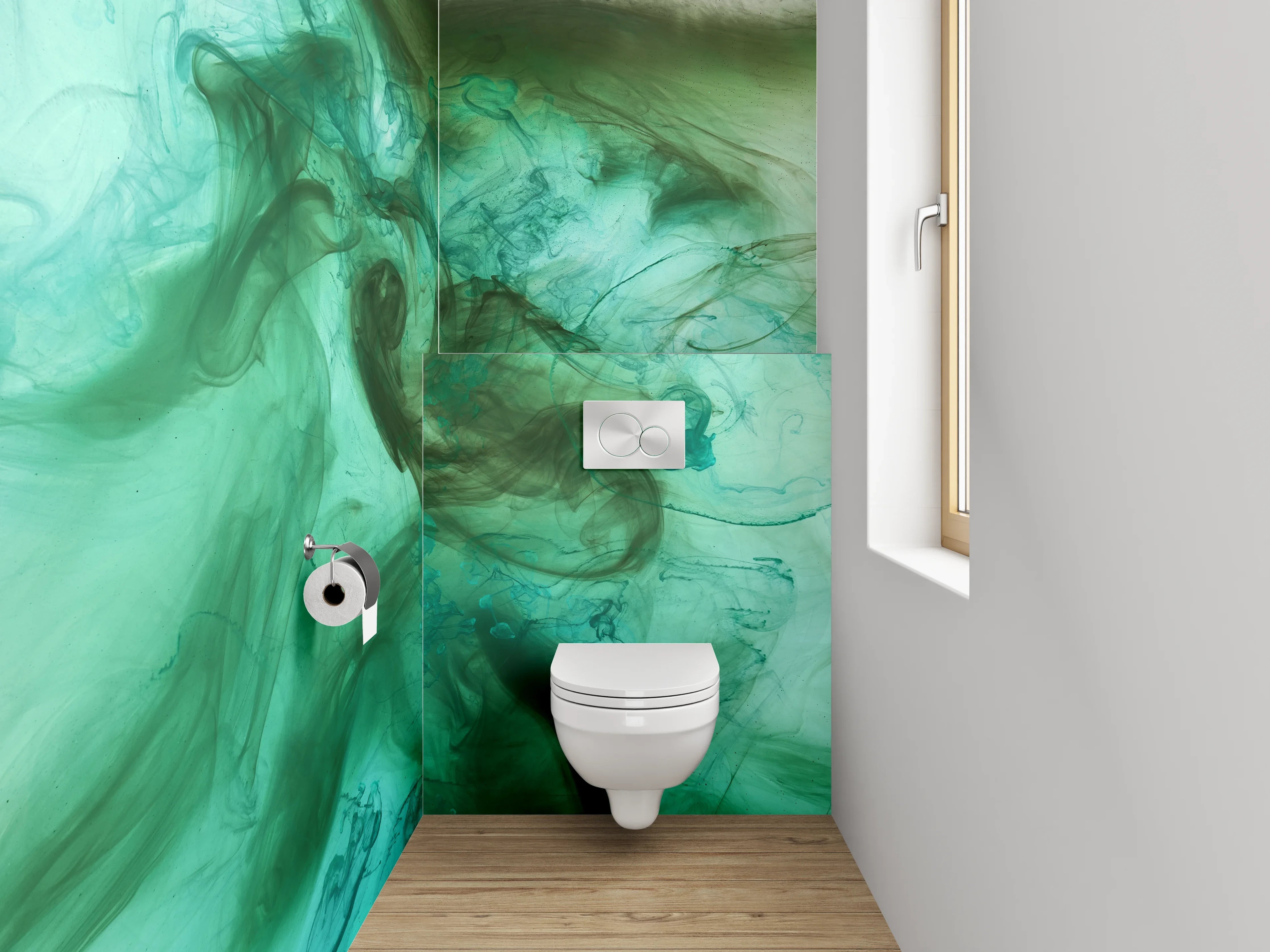 WC-Rückwand - Abstraktes Aquarell in Türkisgrün