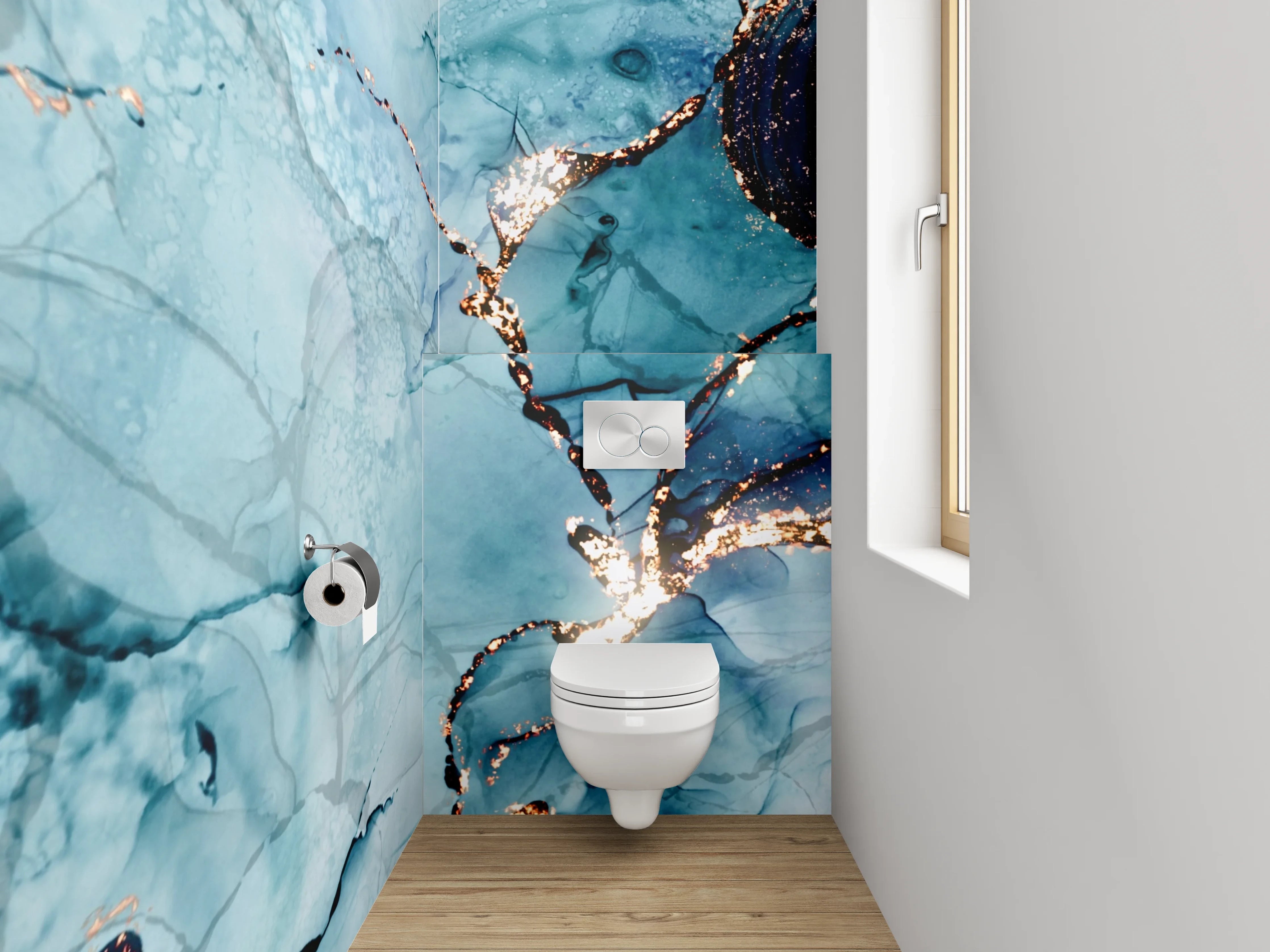 WC-Rückwand - Abstraktes Blau-Gold Aquarell