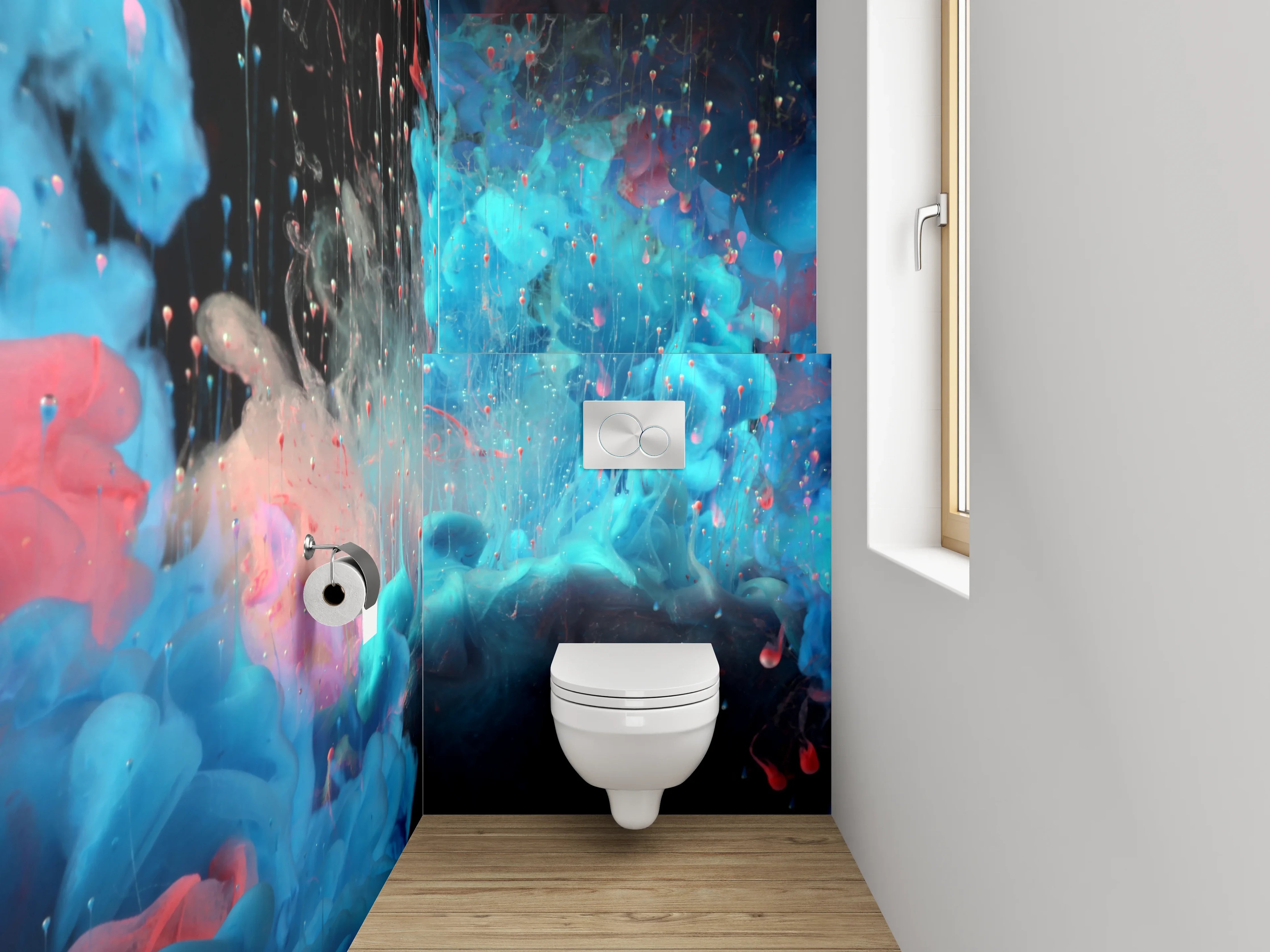 WC-Rückwand - Abstraktes Farbenspiel in Rot und Blau