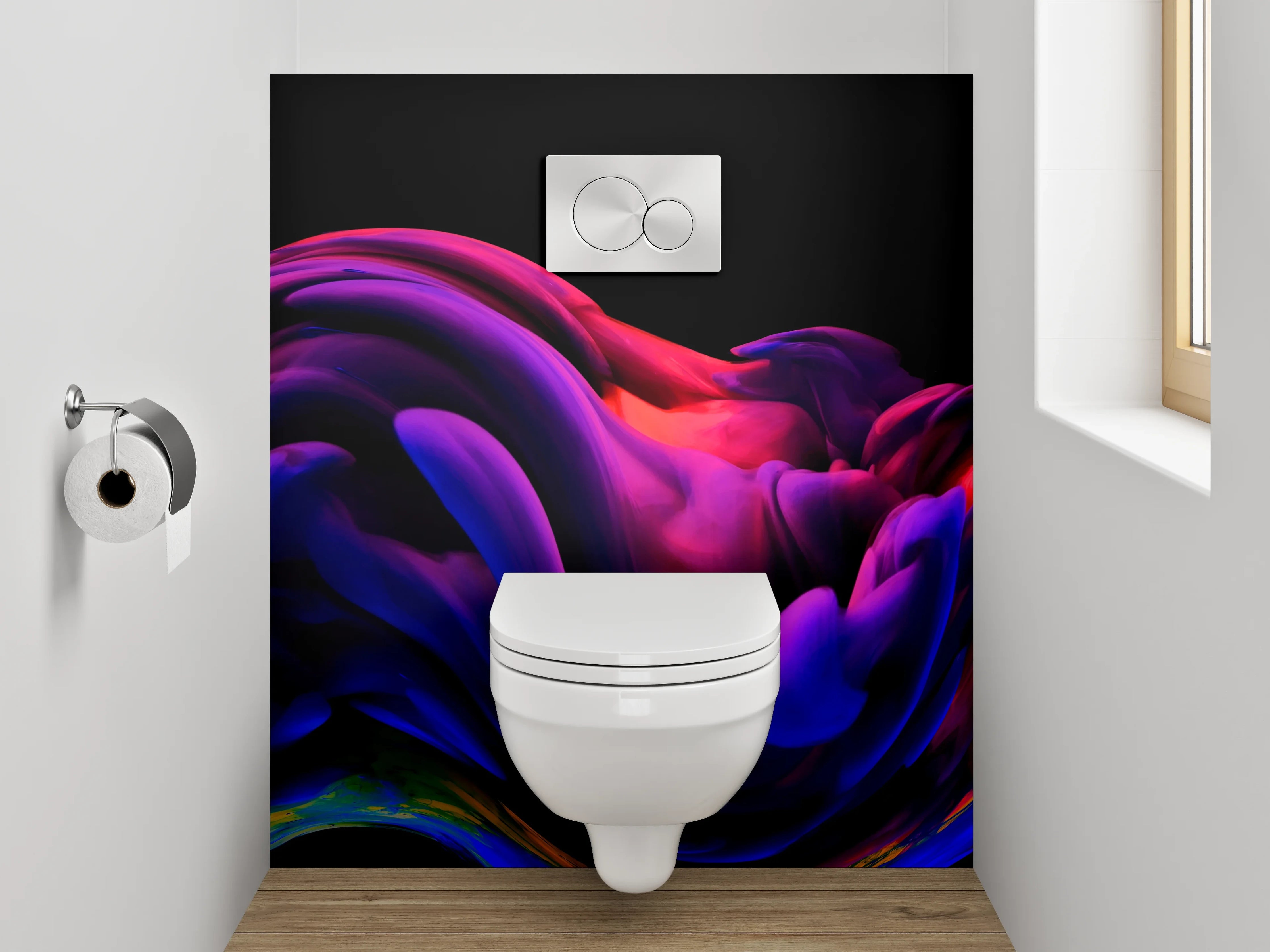 WC-Rückwand - Abstraktes Farbspektakel in Lila und Rot