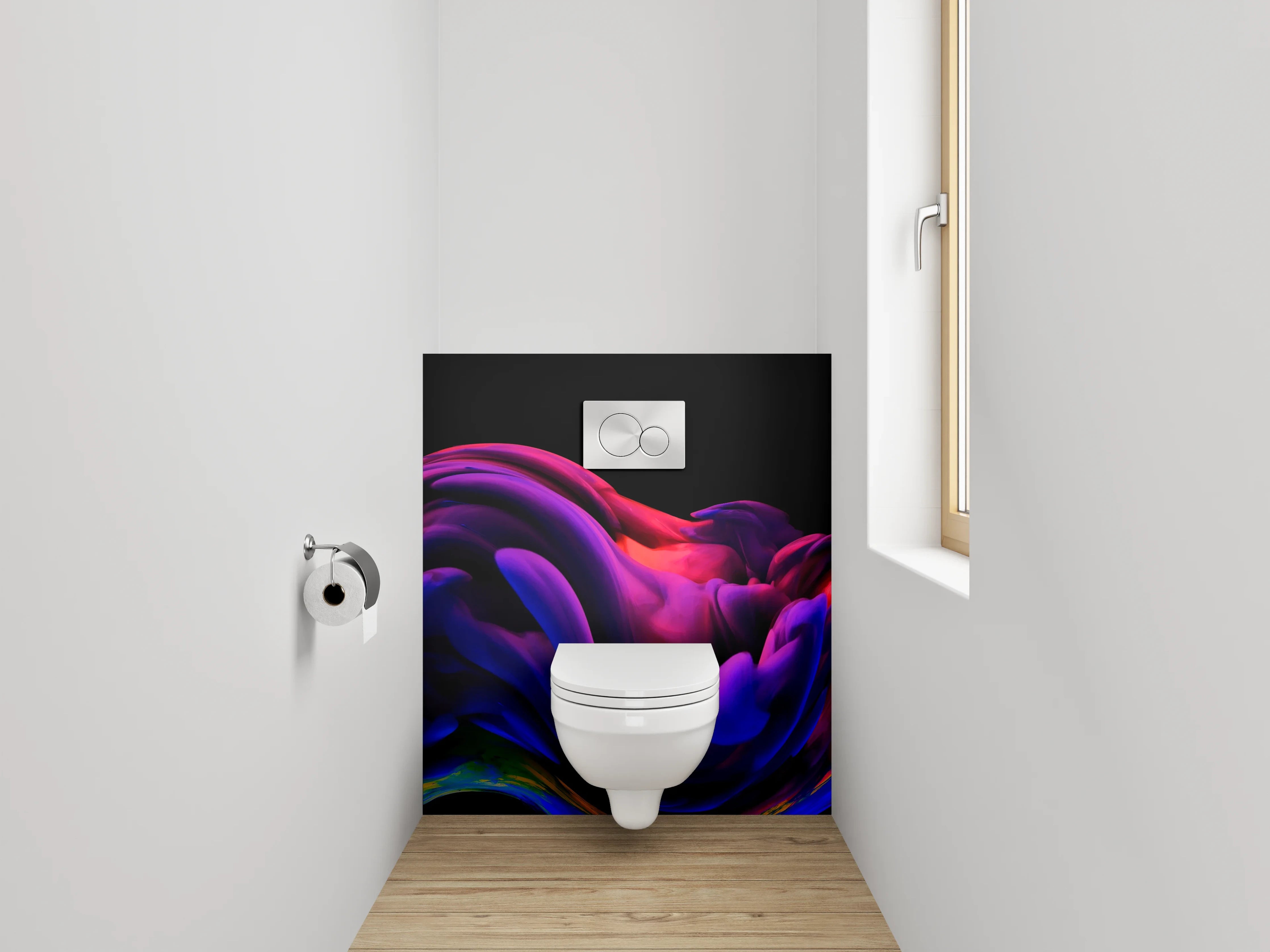 WC-Rückwand - Abstraktes Farbspektakel in Lila und Rot