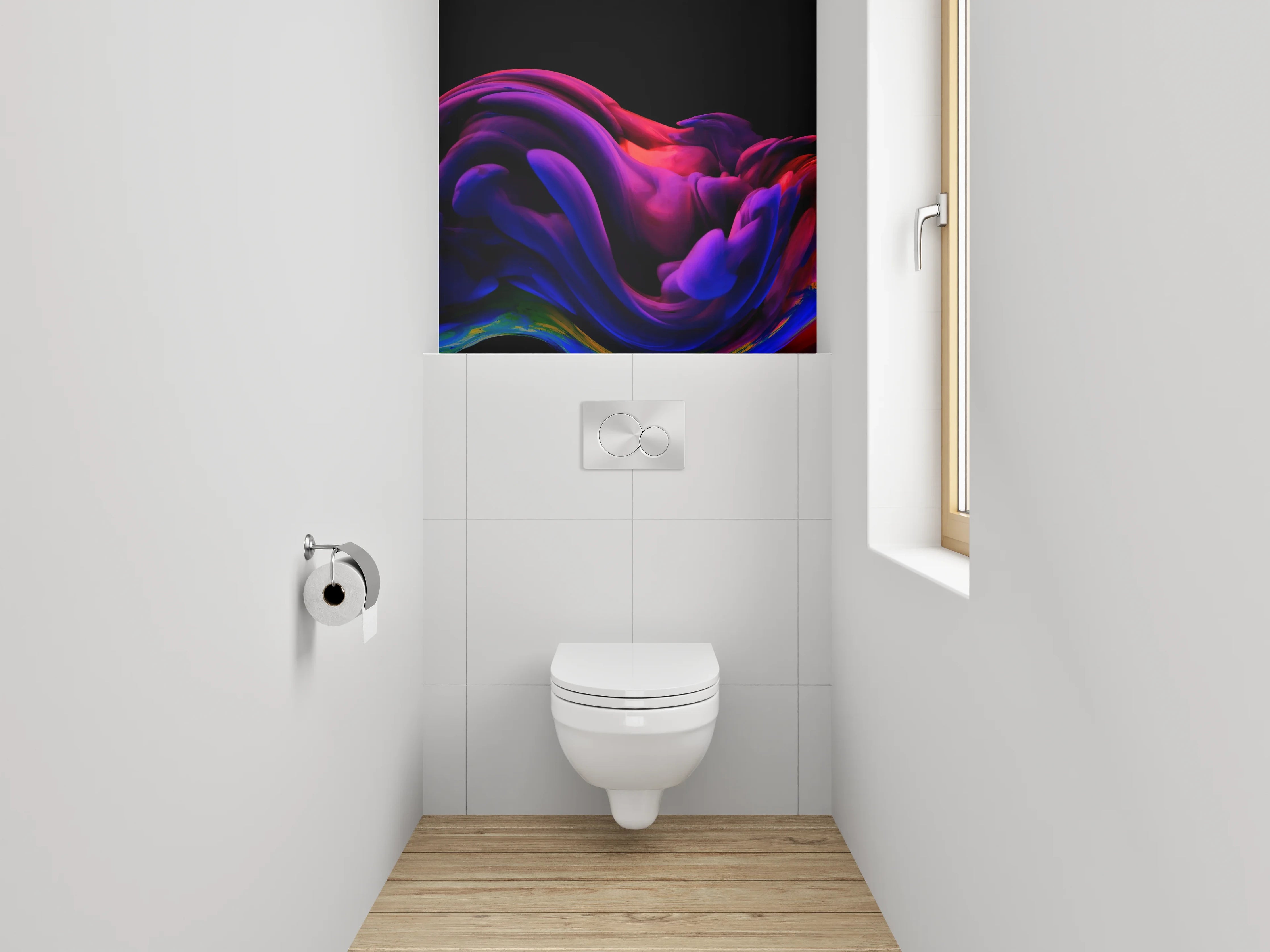 WC-Rückwand - Abstraktes Farbspektakel in Lila und Rot