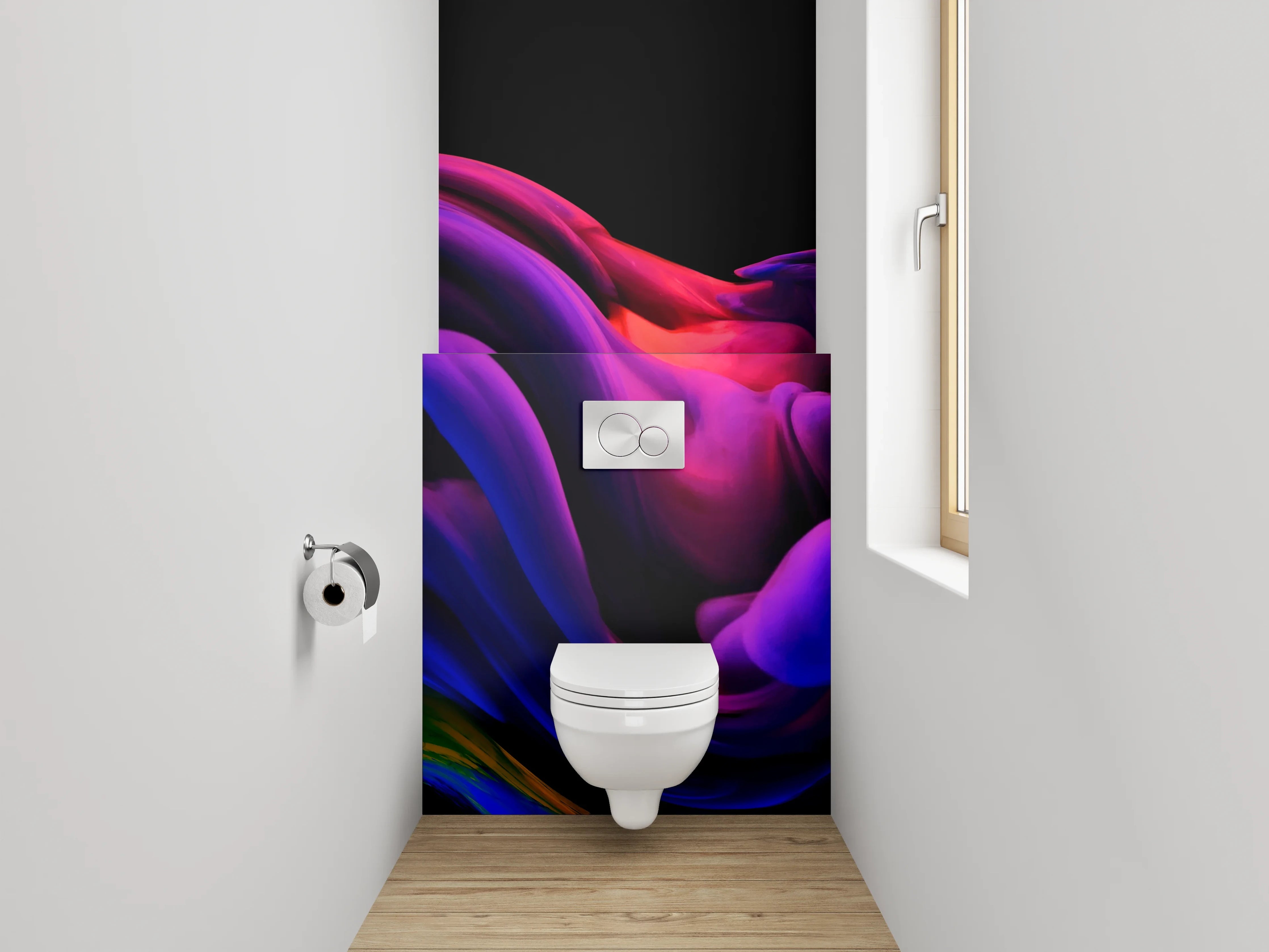 WC-Rückwand - Abstraktes Farbspektakel in Lila und Rot