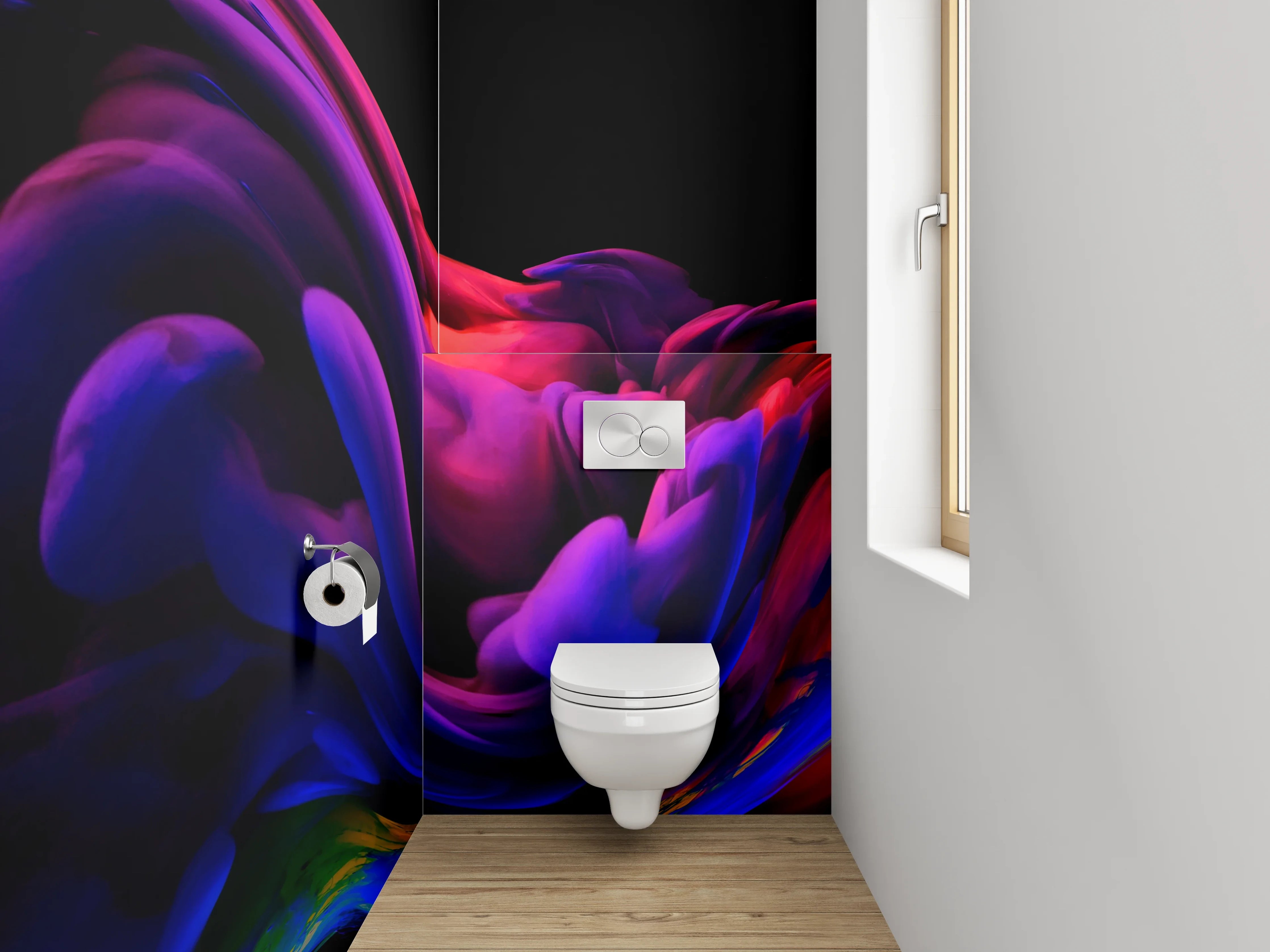 WC-Rückwand - Abstraktes Farbspektakel in Lila und Rot