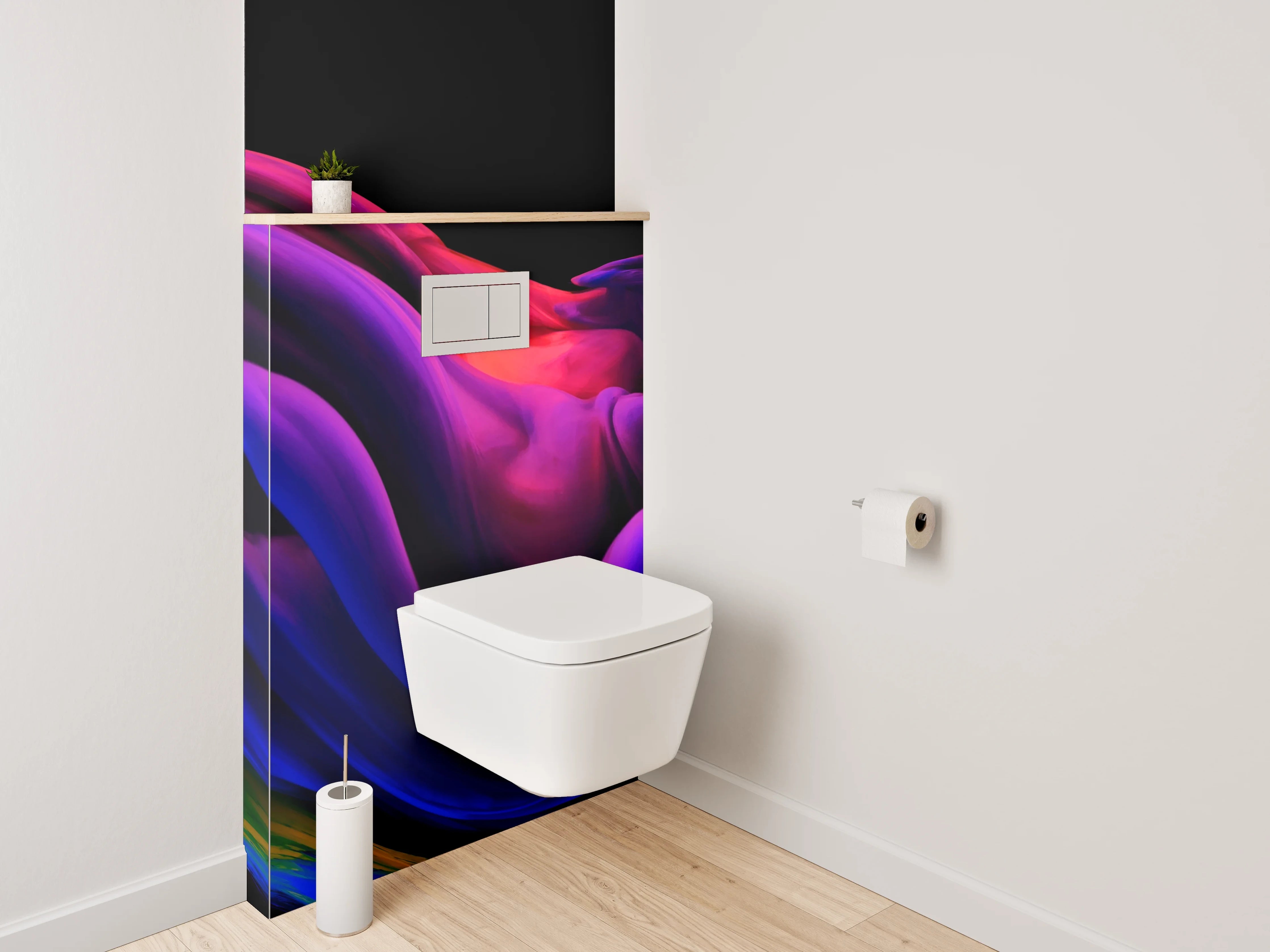 WC-Rückwand - Abstraktes Farbspektakel in Lila und Rot